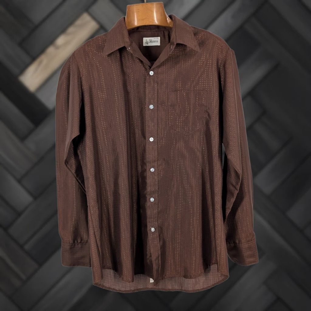 Vintage VINTAGE 1970s JD Sleeves Brown Geometric Jacquard Button-Front Shirt L USA Glossy Disco Party 44 Mens Size US L / EU 52-54 / 3 - 1 Thumbnail
