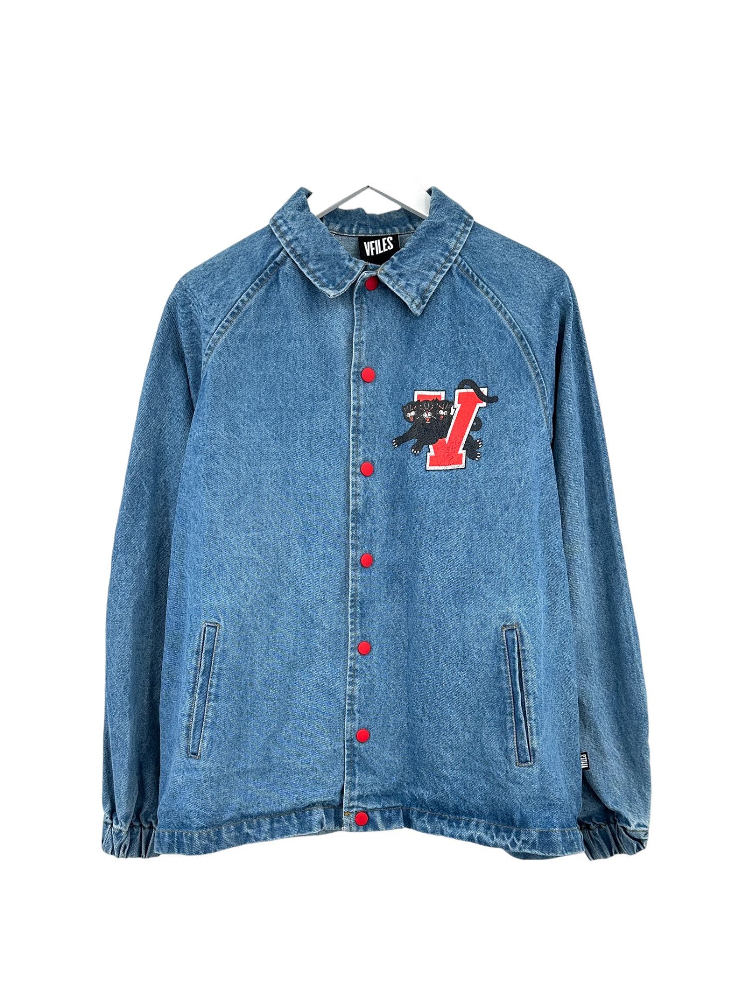 image of Vfiles Medium Wash Panther Button Up Denim Overshirt / Light Jacket in Blue, Men's
