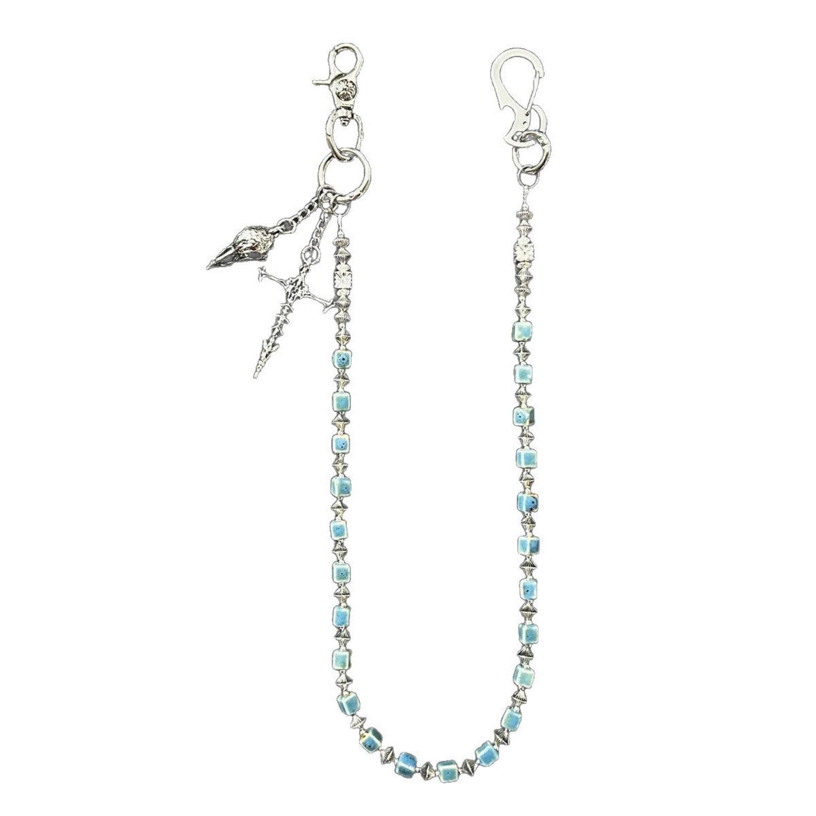 Jewelry Silver Blue Beaded Men’s Chain with Cross Pendant Size ONE SIZE - 5 Thumbnail