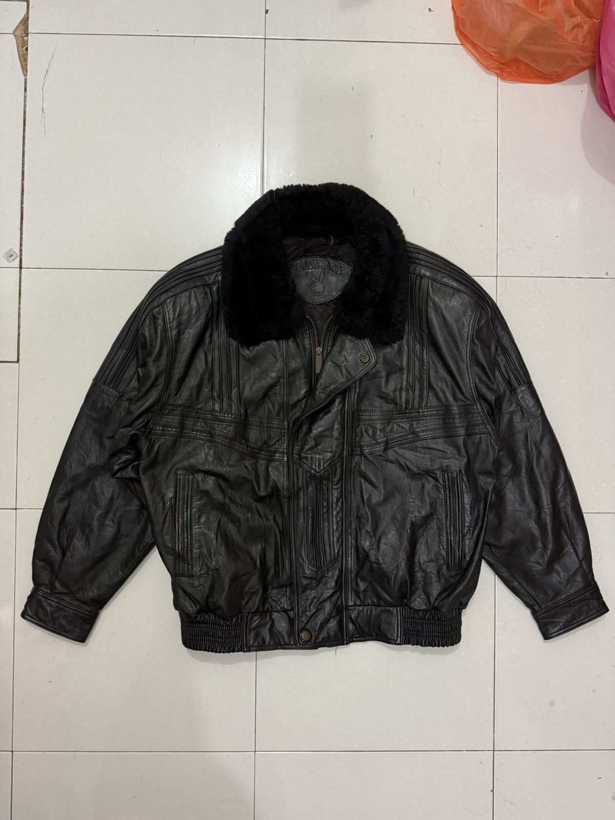 Playboy VTG PLAYBOY Bomber Leather Jacket With Fur Size US L / EU 52-54 / 3 - 2 Thumbnail