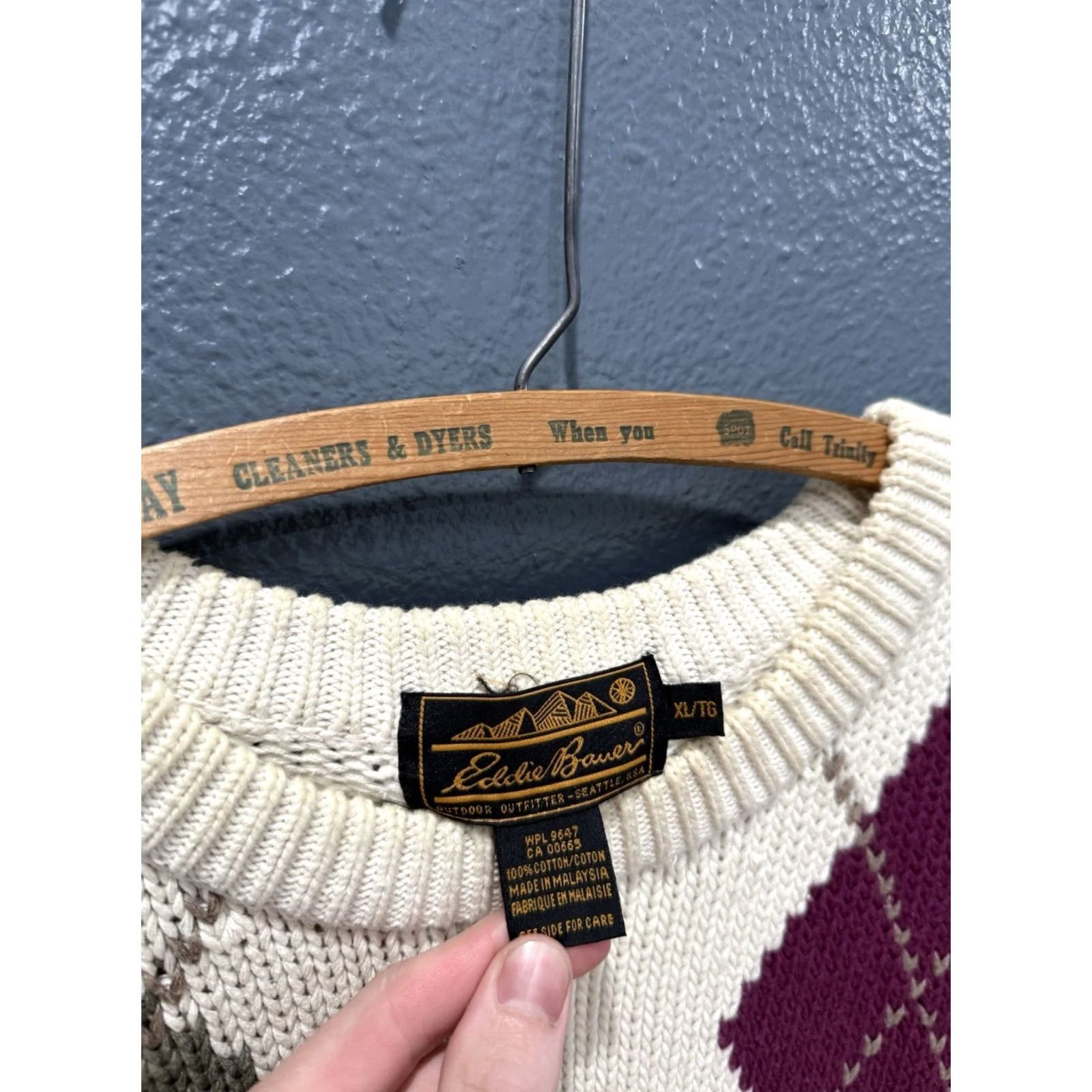 Eddie Bauer VINTAGE Eddie Bauer Sweater Argyle Pattern Cotton Knit Pullover Men XL White 90s Mens Size US XL / EU 56 / 4 - 2 Thumbnail