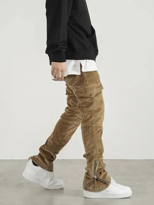 Japanese Brand Khaki Corduroy Zip Flare Leg Cargo Pants Trousers Size US 36 / EU 52 - 1 Thumbnail