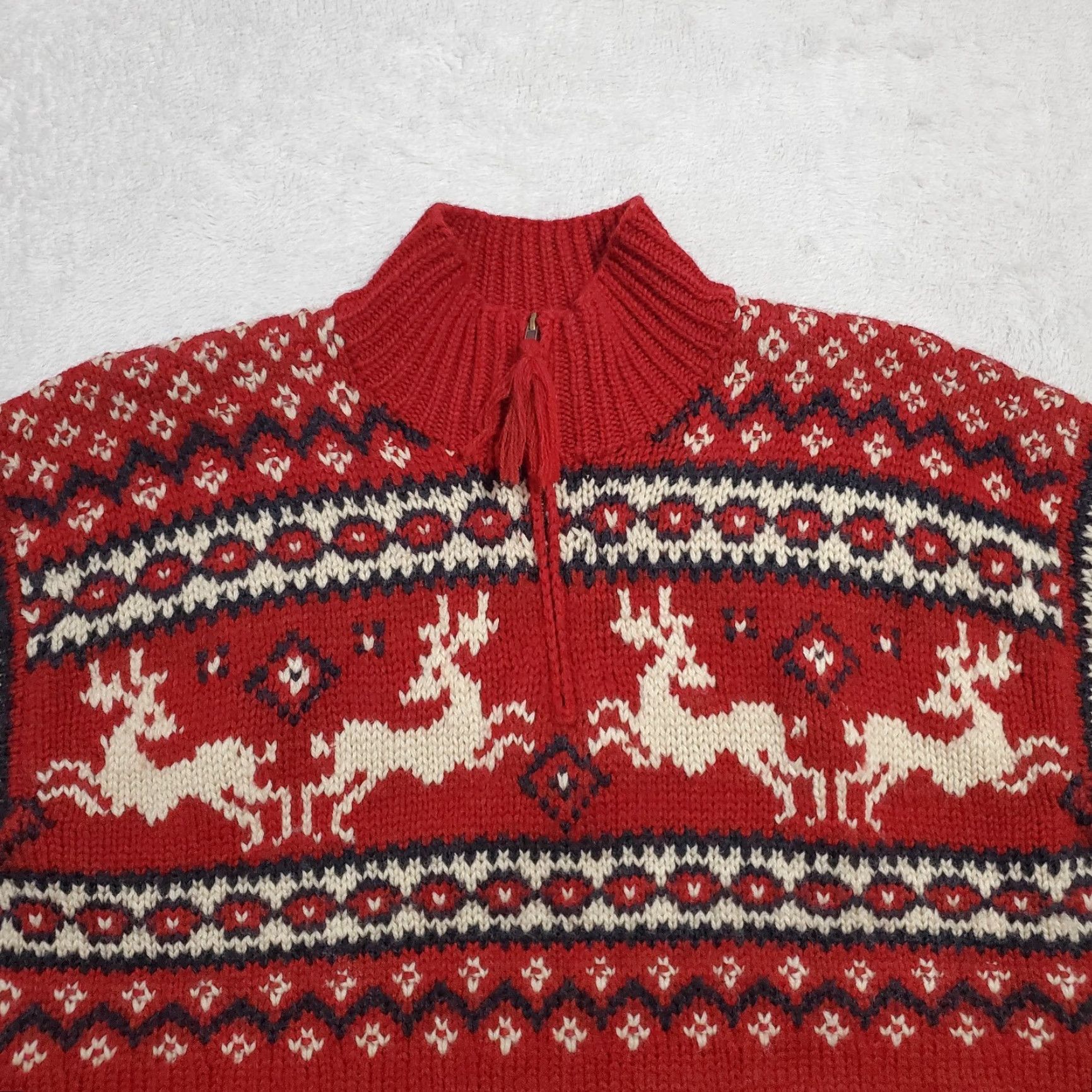 Ralph Lauren VINTAGE Lauren Ralph Lauren Sweater Woman S Red Wool Reindeer Nordic 1/4 Zip Mock Neck Hand Knit Winter Casual Christmas Size S / US 4 / IT 40 - 4 Thumbnail