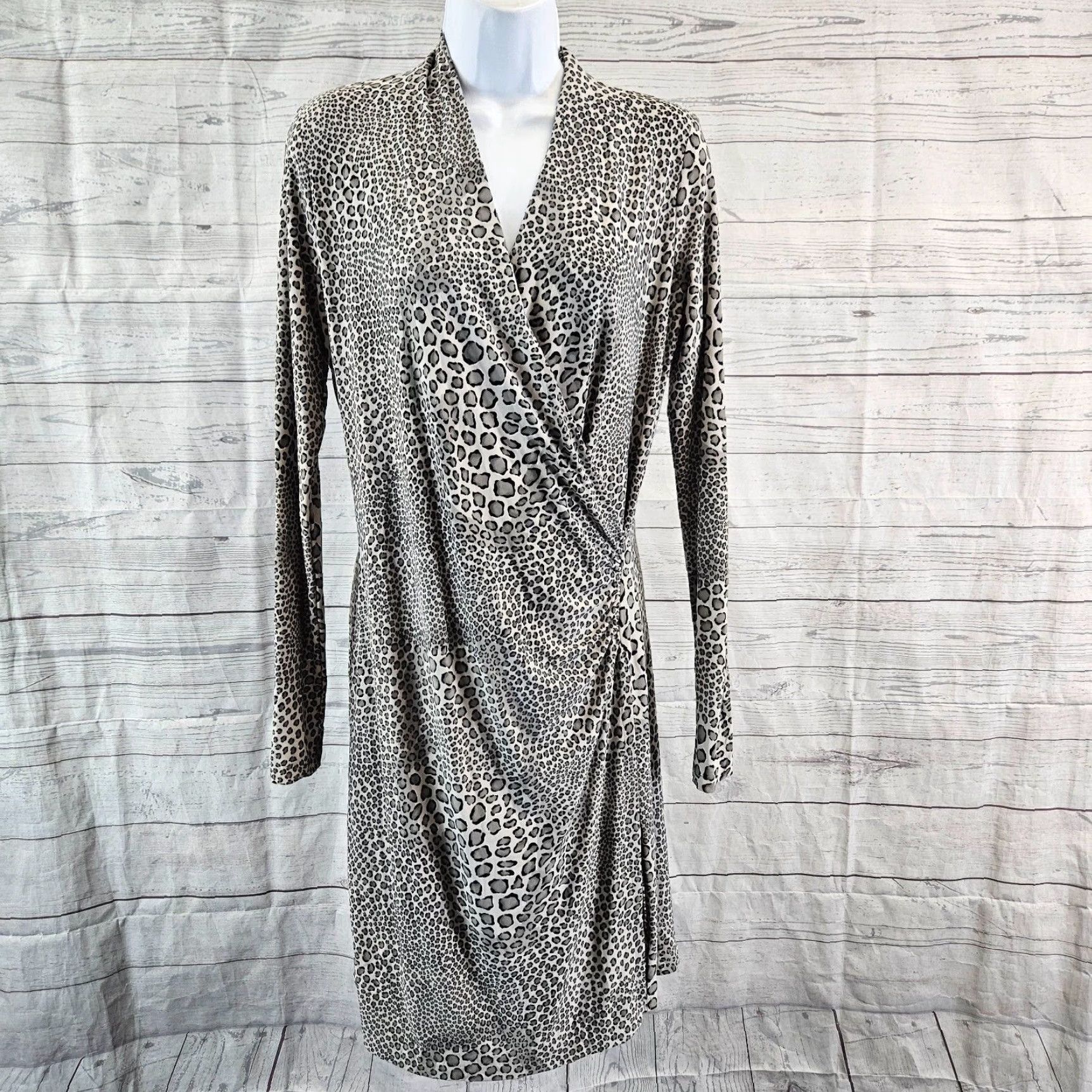 Norma Kamali Norma Kamali Womens Faux Wrap Dress Sz M Gray Animal Print Long Sleeve V-Neck Pullover Knit Dress Size M / US 6-8 / IT 42-44 - 2 Thumbnail