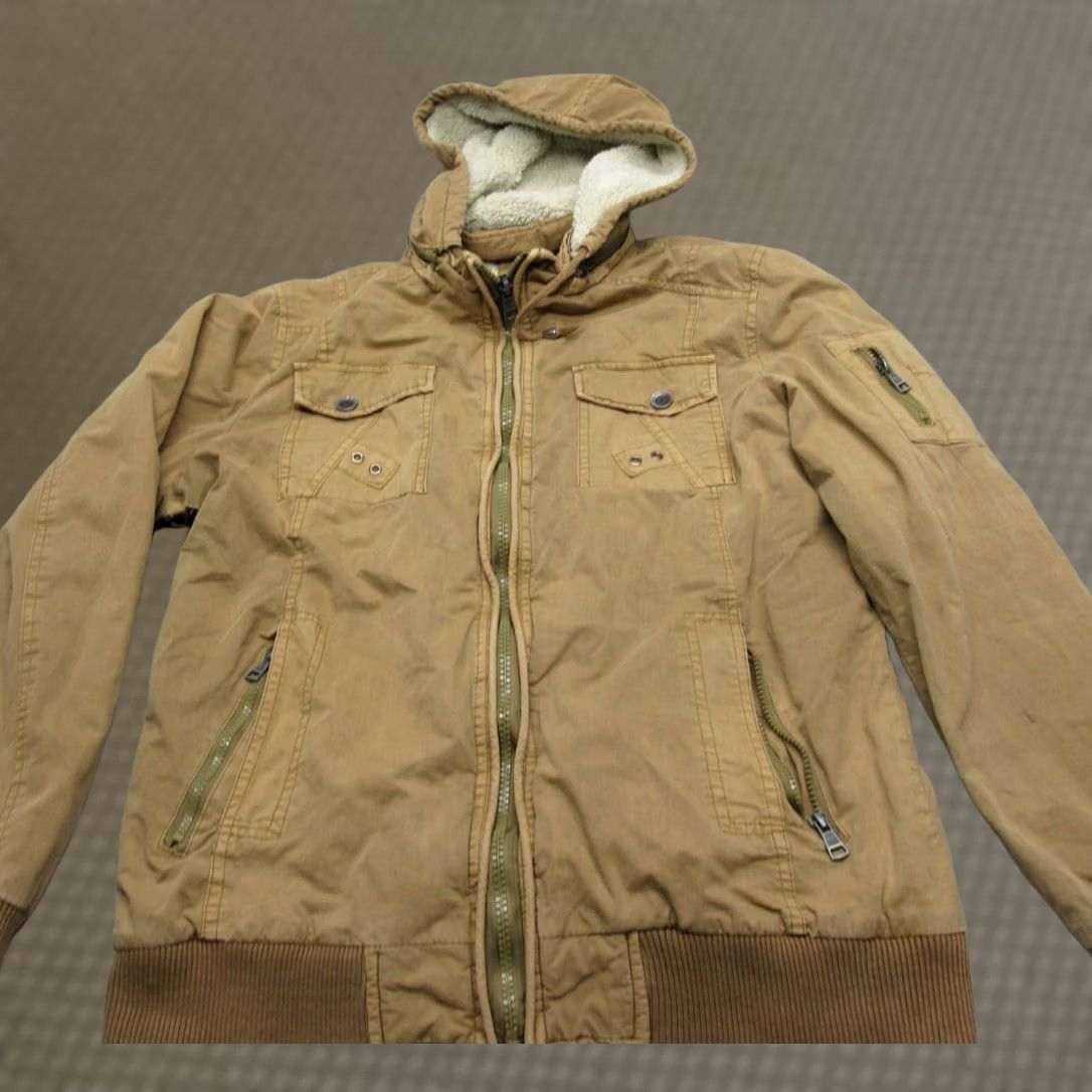 BKE BKE Jacket Mens Large Khaki Full Zip Hooded Sherpa Fleece Lined Pockets Canvas Cotton Utility Jacket Size US L / EU 52-54 / 3 - 1 Thumbnail