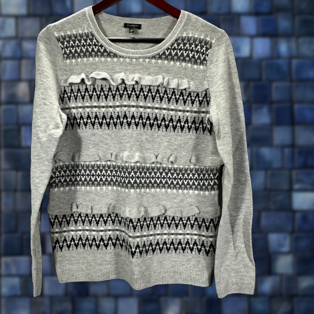 Talbots Talbots Sweater Womens Small Gray Knit Nylon Lambswool Stripe Ruffle Pullover S Gr ay Stripe Knit Pullover Womens Size S / US 4 / IT 40 - 1 Thumbnail