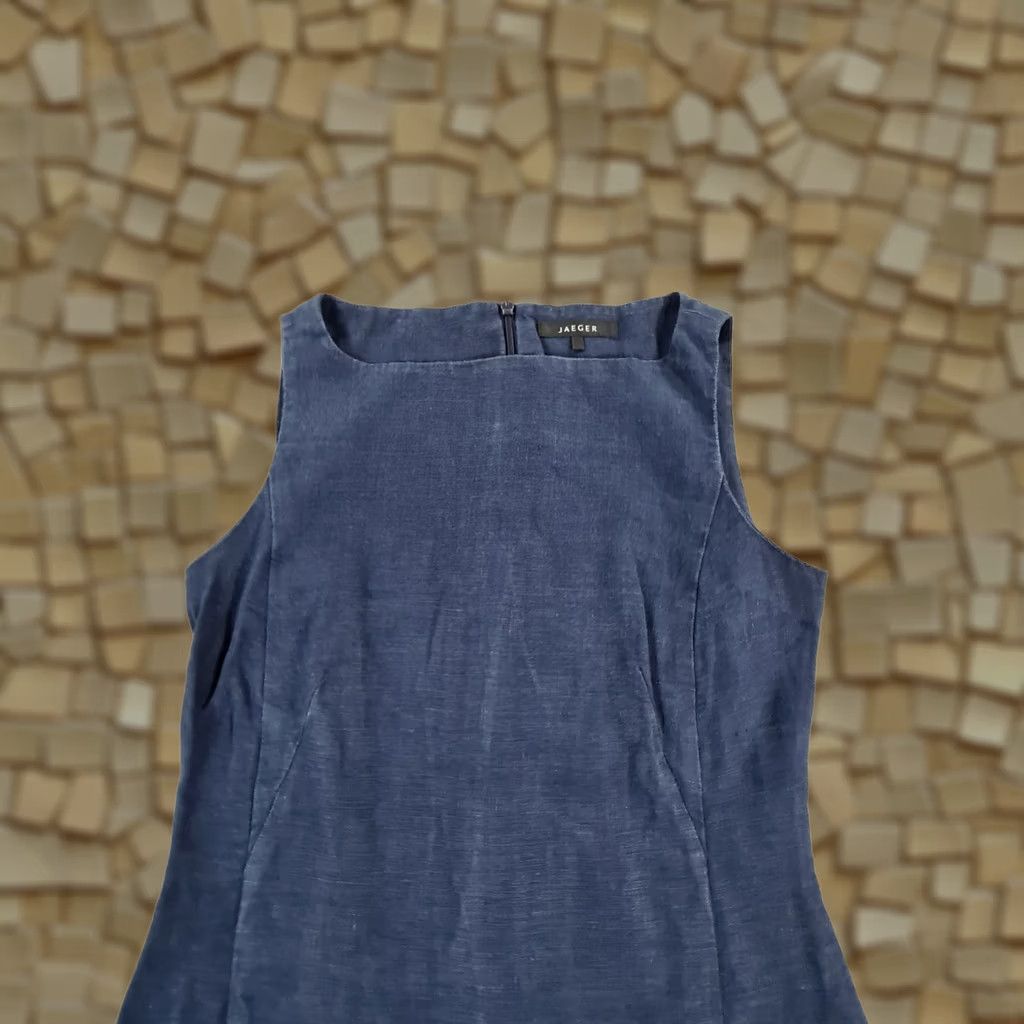 Jaeger Jaeger Navy Blue Knee Length Linen Dress 100% Linen Zip Sleeveless Square Neck Womens dress Summer Casual 10 UK Size L / US 10 / IT 46 - 1 Thumbnail
