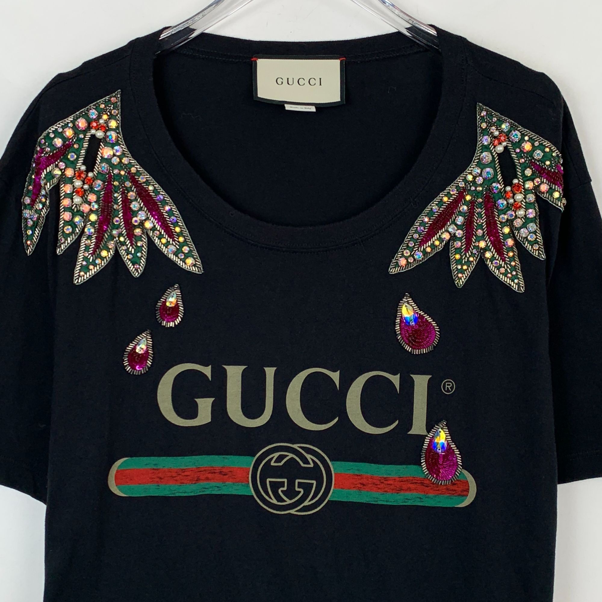 Gucci Gucci Black Logo Beaded Cotton Crewneck T-Shirt (Size M) Size US M / EU 48-50 / 2 - 6 Thumbnail
