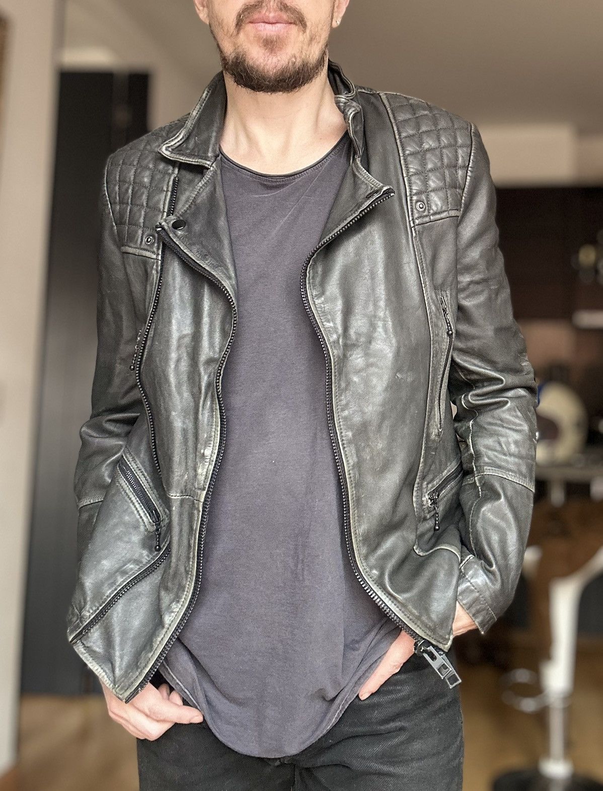 Allsaints All Saints Gray quilted Cargo biker moto leather Jacket XS Size US XS / EU 42 / 0 - 3 Thumbnail