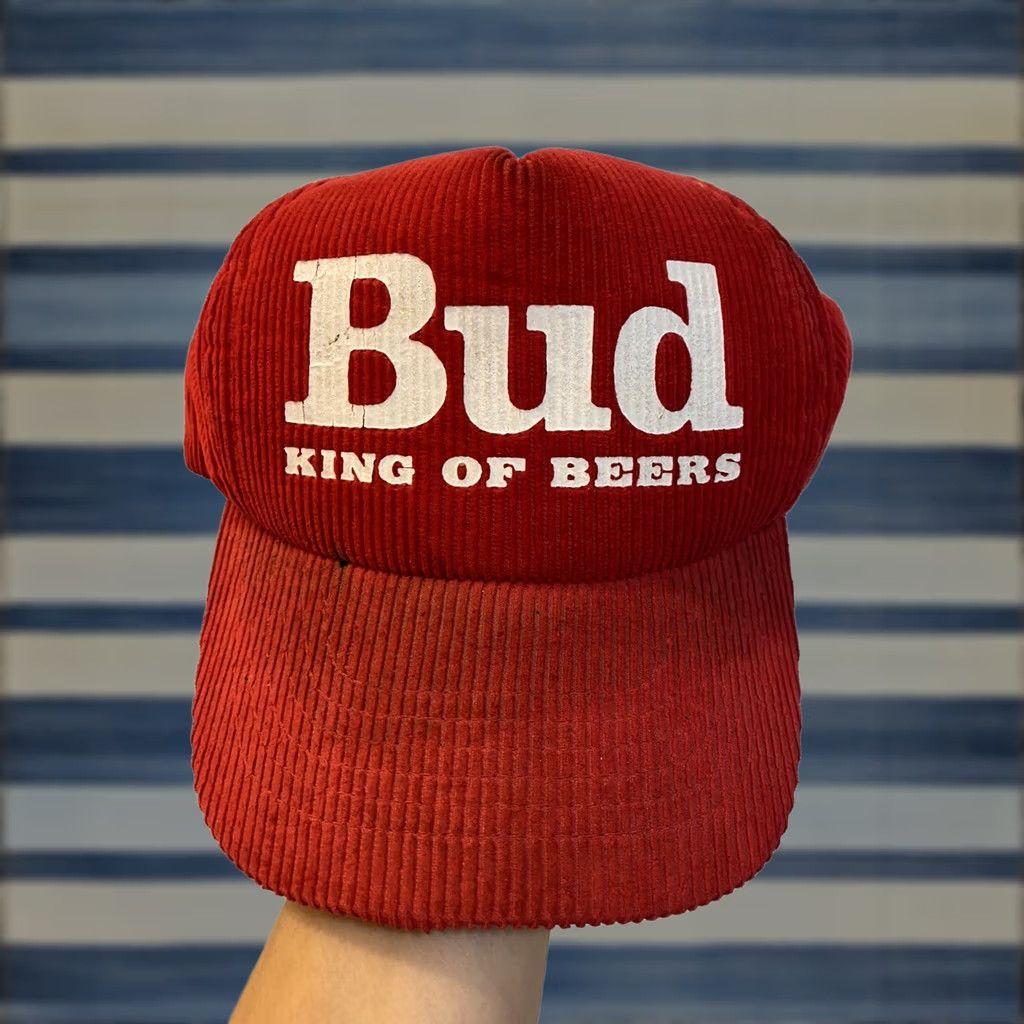 Vintage VINTAGE BUDWEISER TRUCKER HAT SNAP BACK CORDUROY RED & WHITE BUD KING OF BEERS MEN Adjustable Hat Size ONE SIZE - 1 Thumbnail