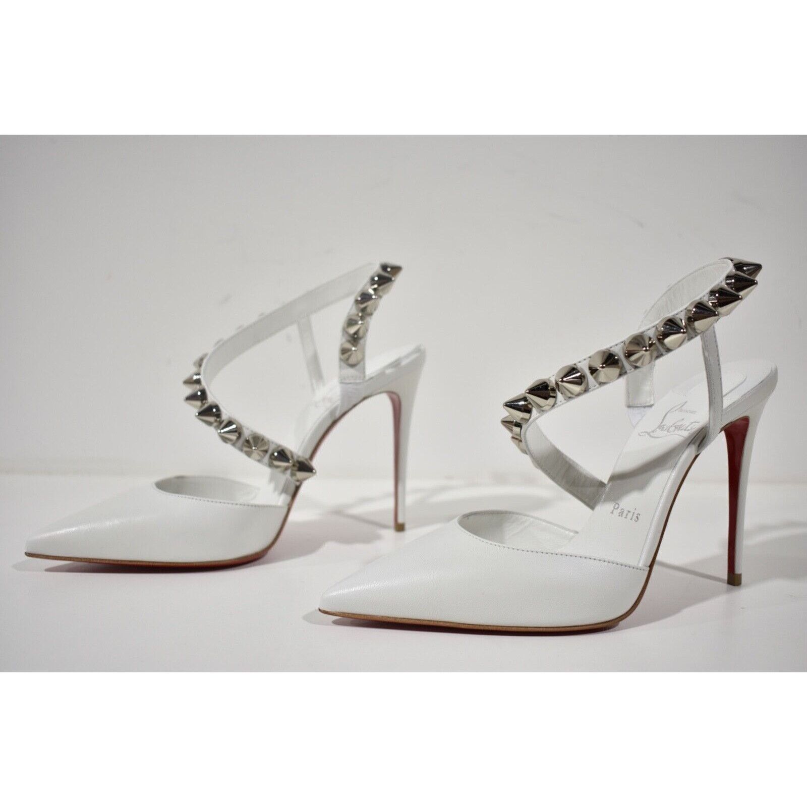 Christian Louboutin Spikita Pump 100 Bianco White Spike Strappy Sandal Heel 38 Size US 8 / IT 38 - 6 Thumbnail