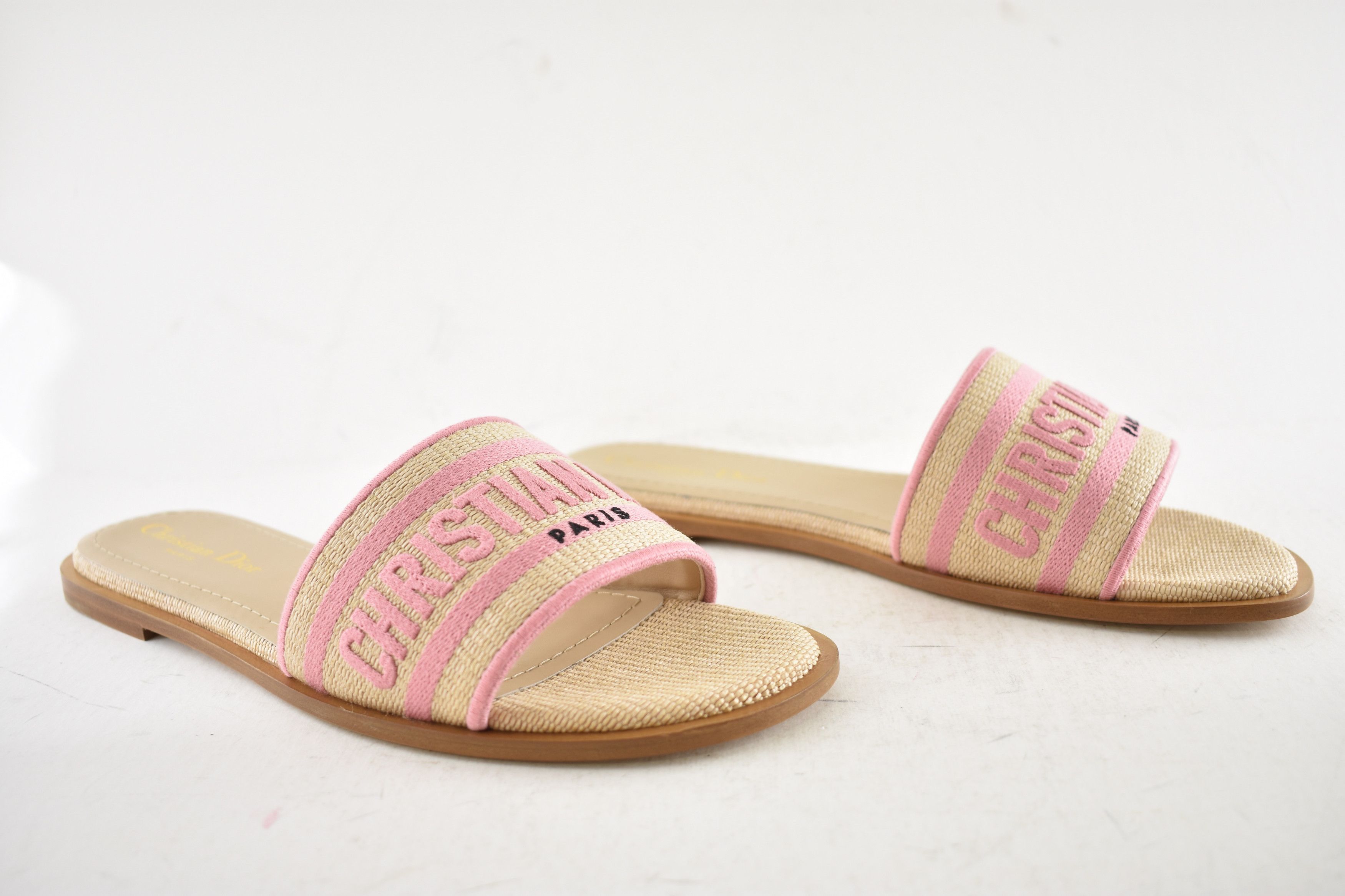 Dior Dior Dway Rose Begonia Raffia Logo Slide Flat Sandal 38.5 Size US 8.5 / IT 38.5 - 3 Thumbnail
