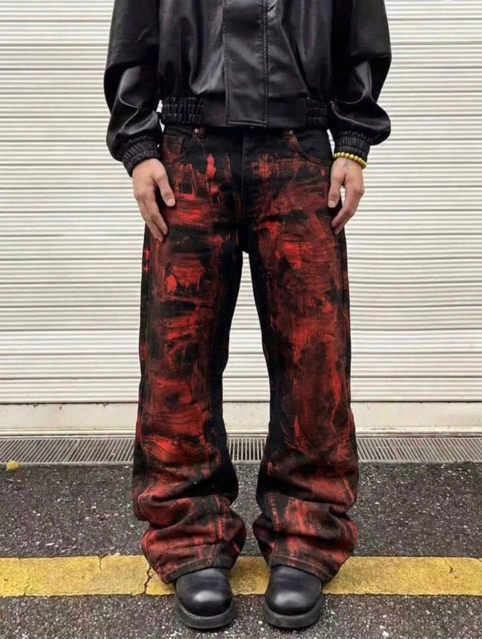 Japanese Brand flare Red bootcut painted black jeans Size 30" / US 8 / IT 44 - 1 Thumbnail