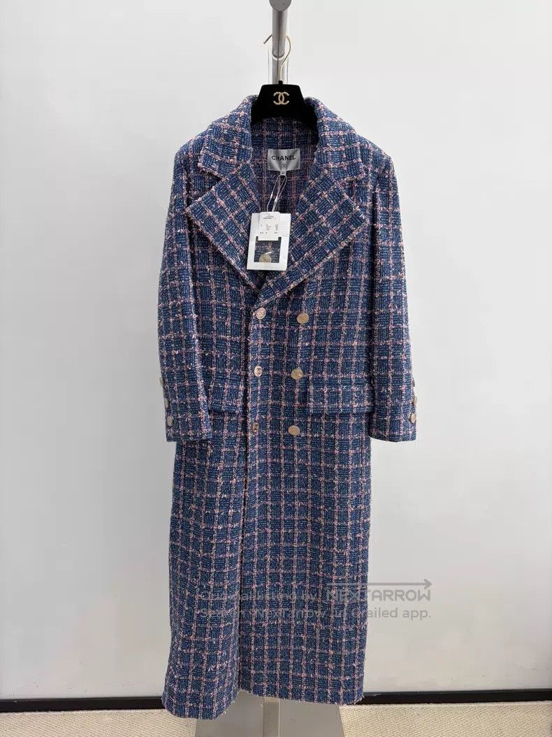 Chanel Chanel Blue and purple plaid double-breasted long coat Size XXS / US 00 / IT 34 - 1 Thumbnail