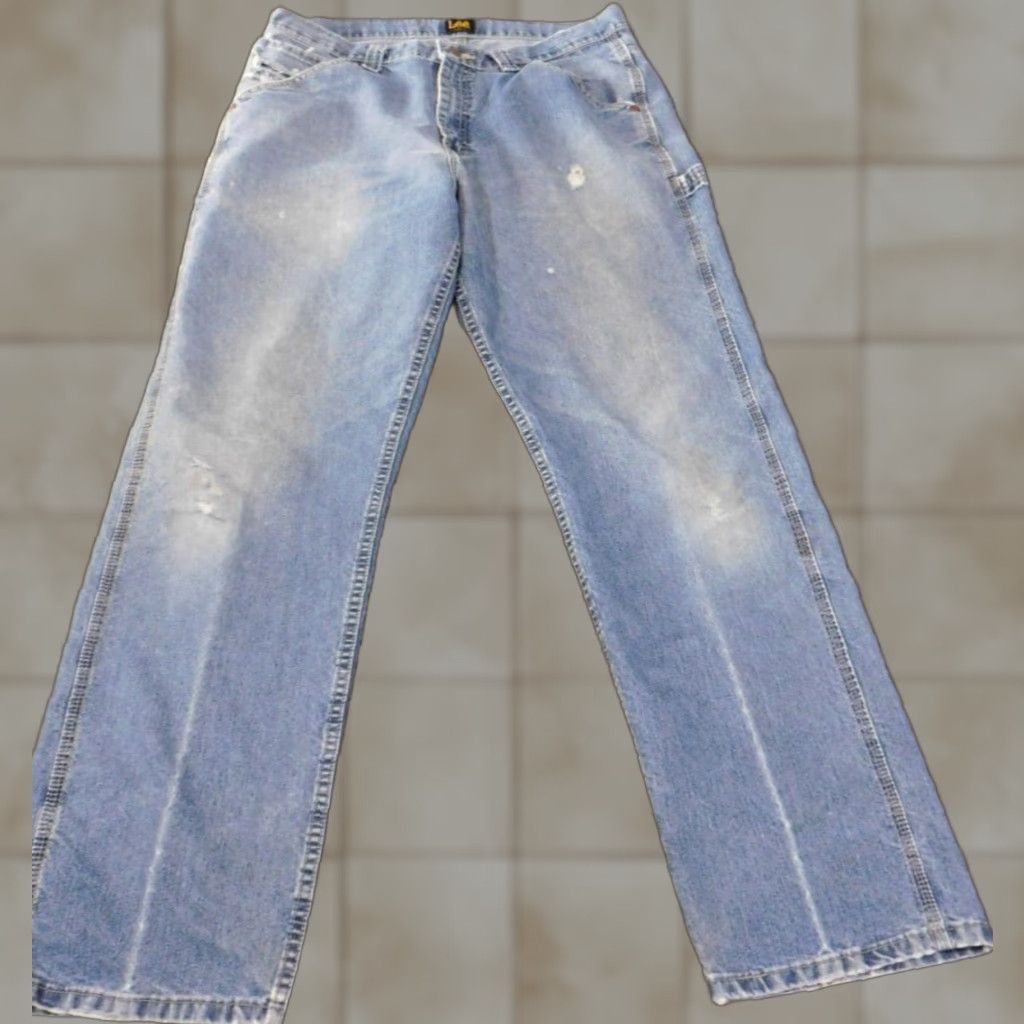 Lee Lee Jeans Men Jeans Regular 33x32 Light Wash Distressed Cotton Denim USA Zipper Pockets Size US 33 - 1 Thumbnail