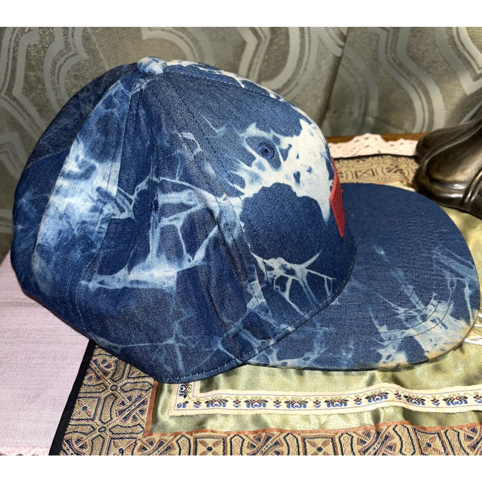 Vintage Play Cloths Blue & White Tie-Dye Baseball Cap with Adjustable Leather Strap, Casual Summer Style, Men Size ONE SIZE - 3 Thumbnail