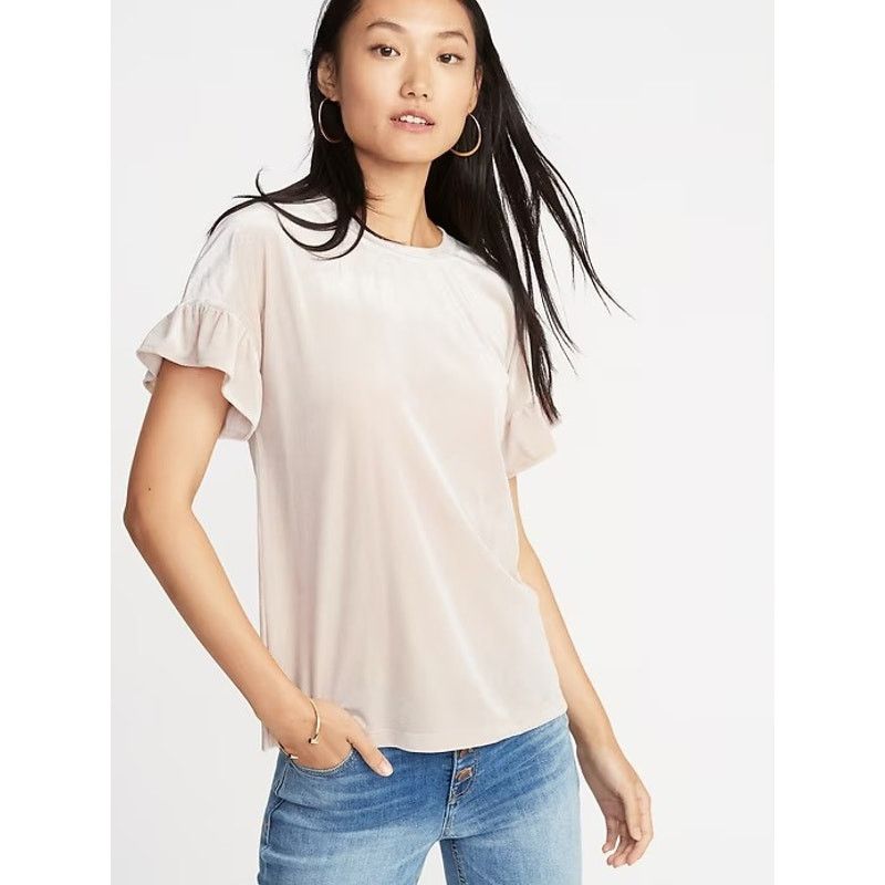 Old Navy Old Navy Velvet Ruffle Sleeve Top Ivory Blush Womens Large Size L / US 10 / IT 46 - 8 Thumbnail