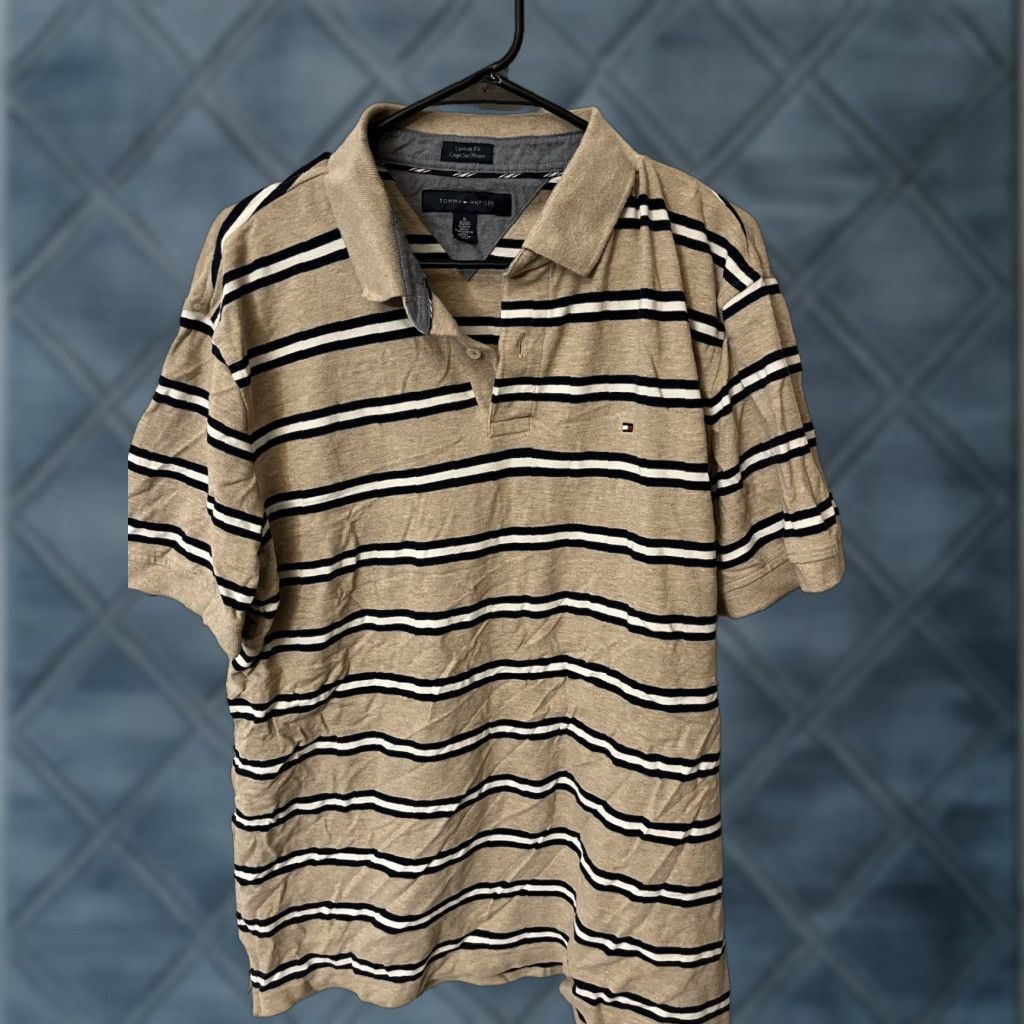Tommy Hilfiger VINTAGE Tommy Hilfiger Men's Polo Shirt Short Sleeve XL Beige Striped Custom Fit Size US XL / EU 56 / 4 - 1 Thumbnail