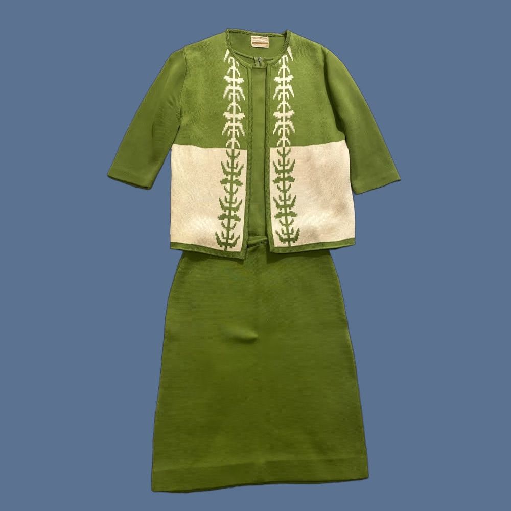 Vintage VINTAGE Miss Pernilla 3 Piece Outfit Skirt Shirt Cardigan Womens Size Medium Green 60s 1960s Polyester Art Deco M/L Size M / US 6-8 / IT 42-44 - 1 Thumbnail