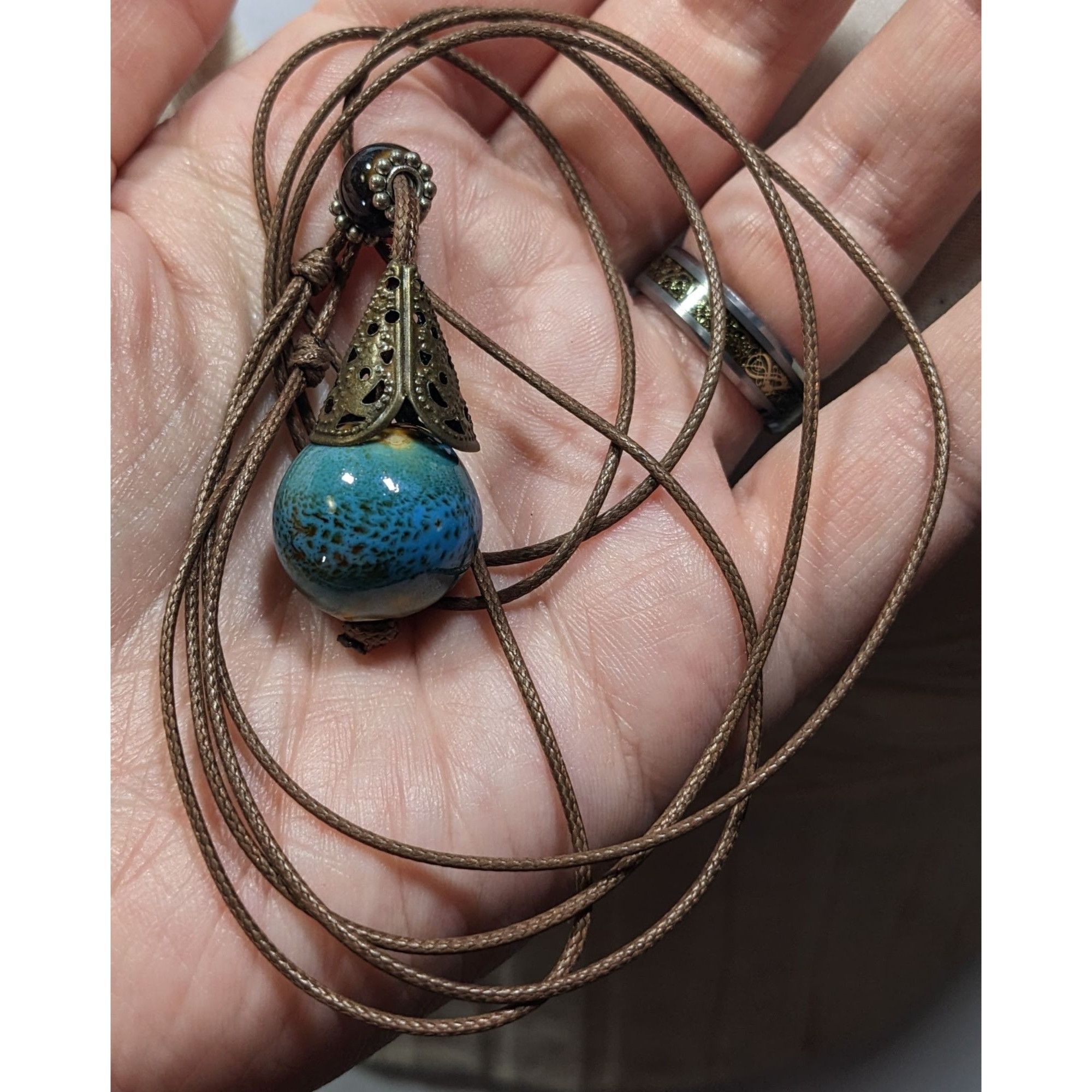 Other Bohemian Fantasy Blue Ceramic Pendant Necklace On Brown Cord Size ONE SIZE - 4 Thumbnail