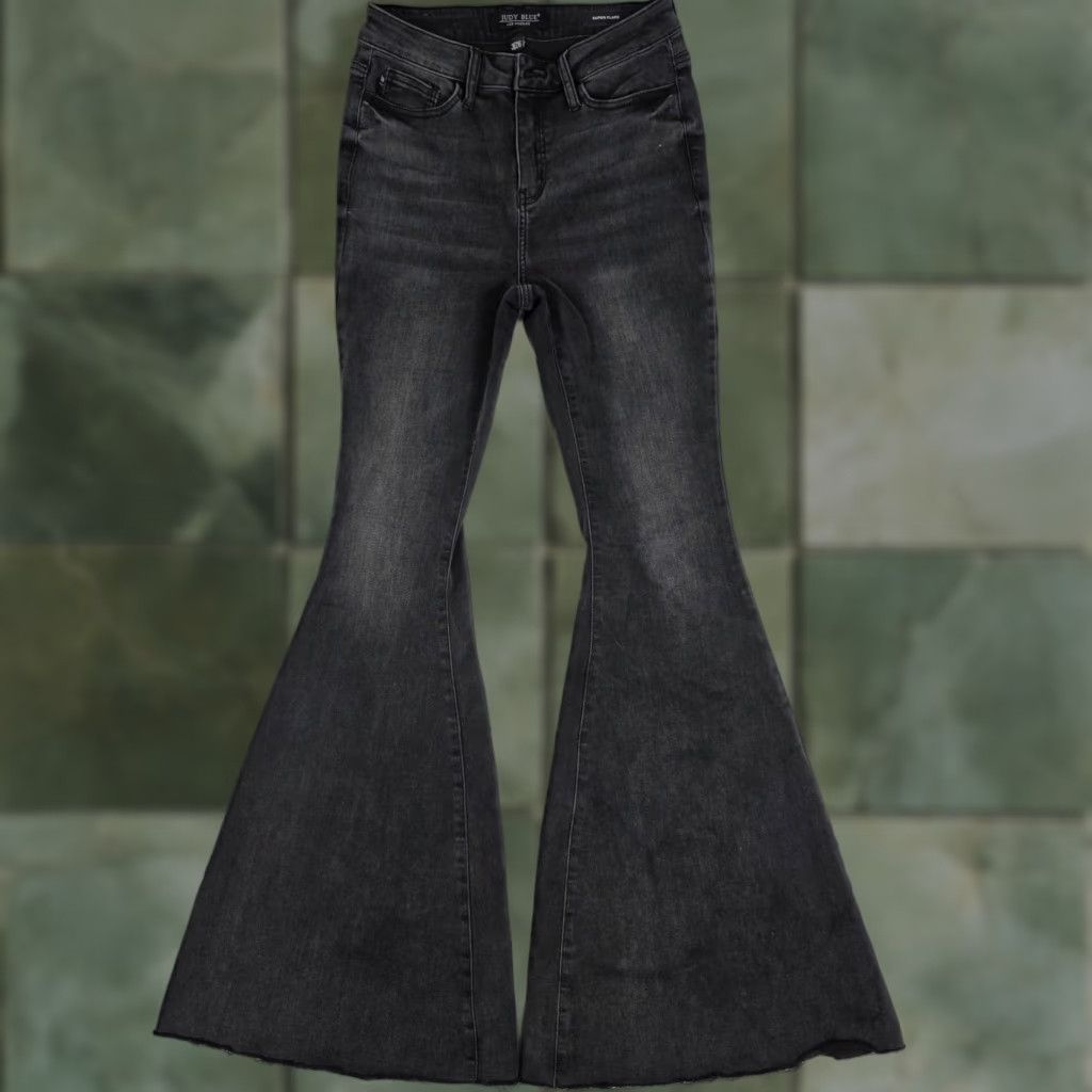 Judy Blue Jeans Womens Bellbottom High Rise Flared 26x33 Black Stretch Elastic Pockets 3/26 Juniors