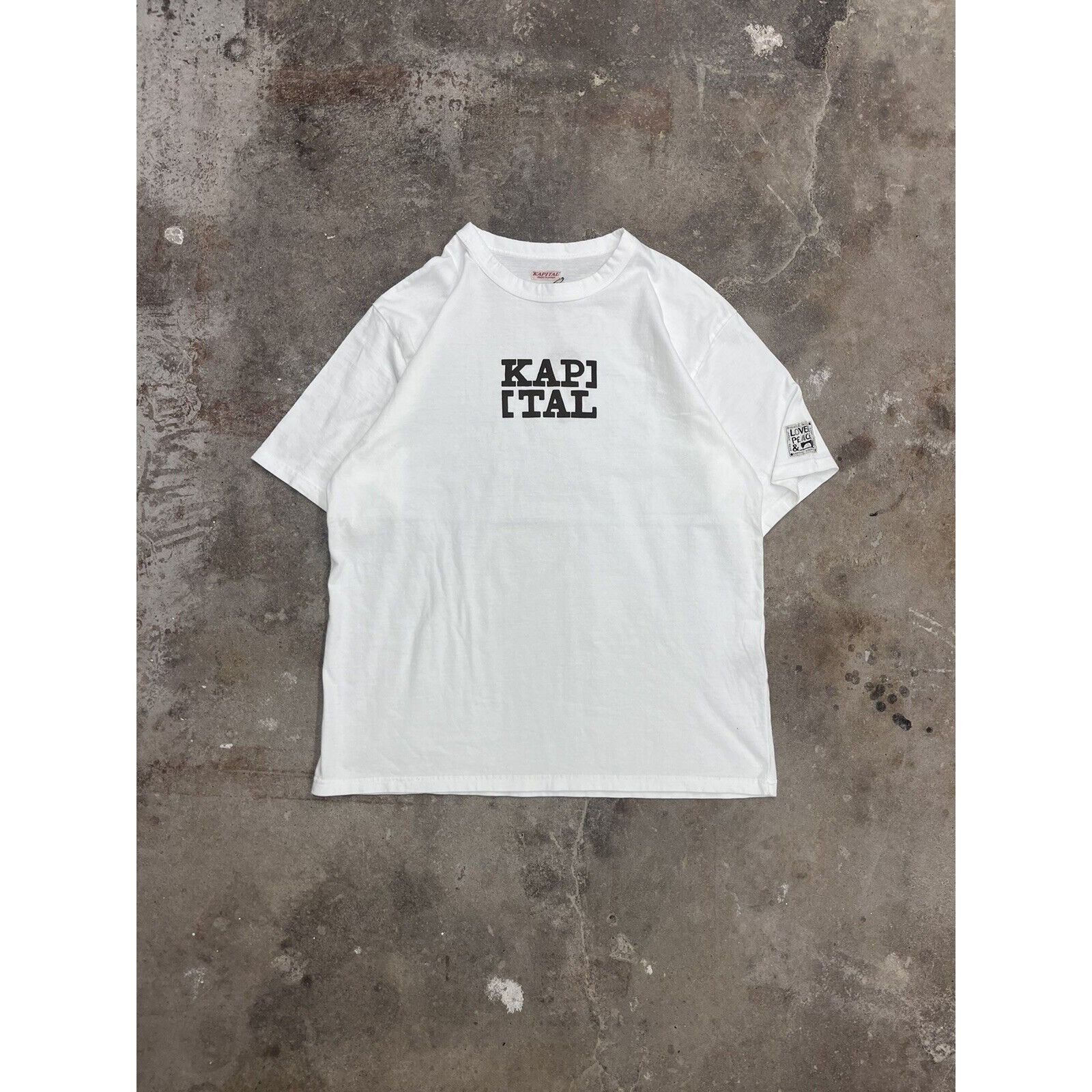 image of Kapital Made In Japan White Tee Brown Spellout Logo Shirt Si, Men's (Size Medium)