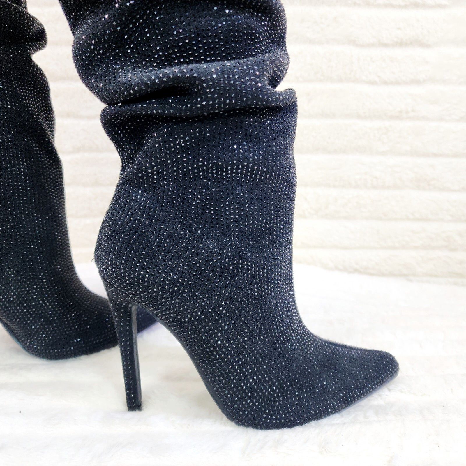 Other Radiant Black Rhinestone High Heel Stiletto Slouch Knee High Size US 10 / IT 40 - 6 Thumbnail