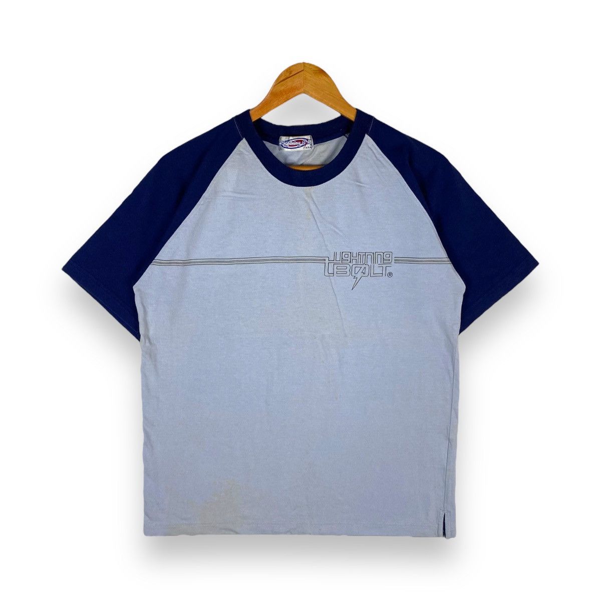 image of Vintage Lightning Bolt Surfing Raglan Style Tee in Blue/Navy, Men's (Size Large)
