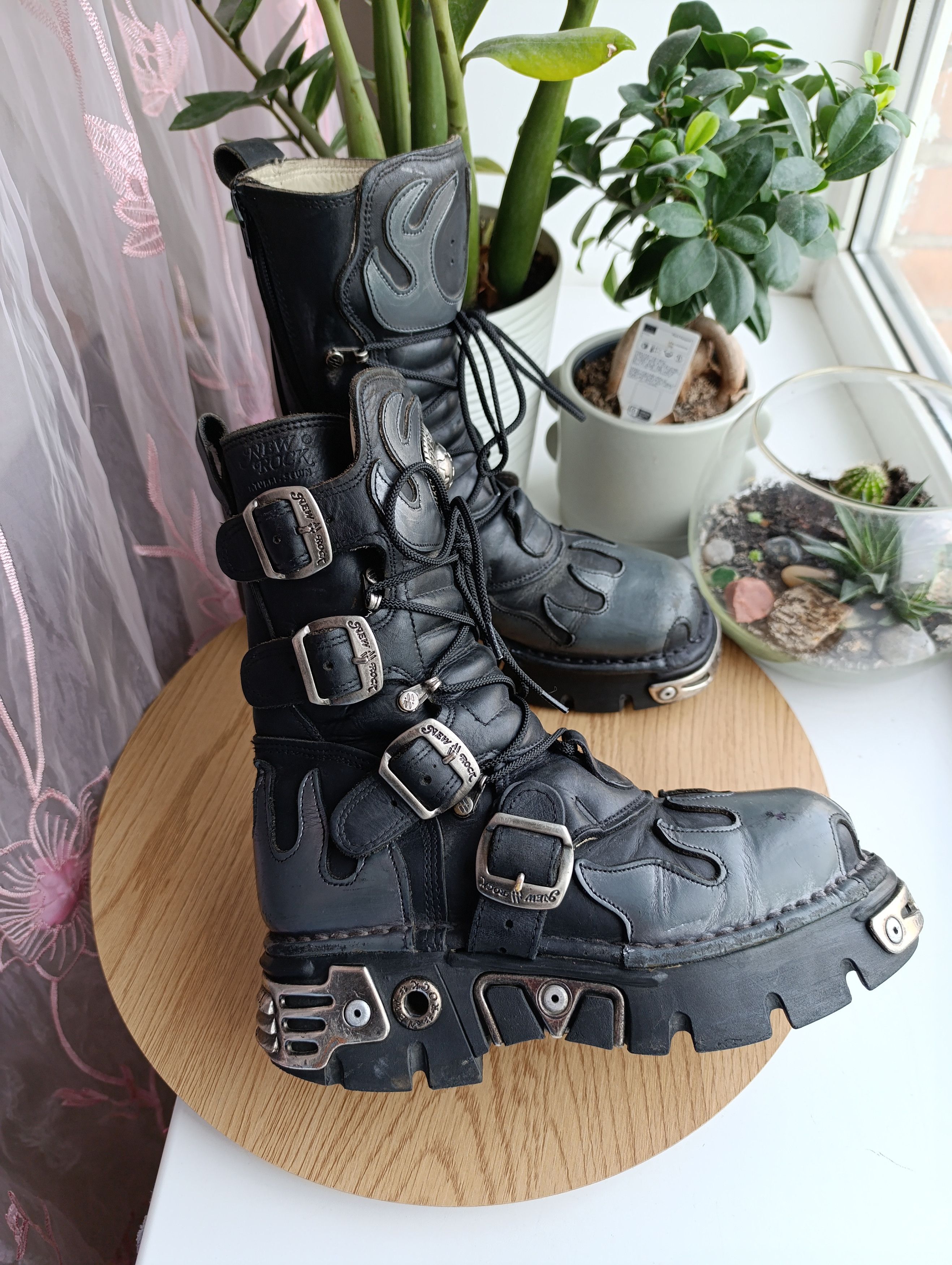 New rock boots 厚底 本革 鉄 ヒールブーツ グランジ punk 希少◎NEW ROCK エンジニアブーツ チェーン スカル 厚底 レザー