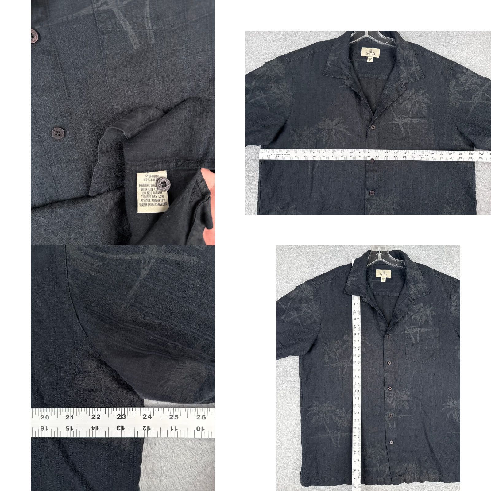Vintage Solitude Shirt Palm Tree Button-Up Linen Blend Hawaiian Adult Large Black Floral 40 in Chest Short Sleeve Hawaii Mens Size US L / EU 52-54 / 3 - 8 Thumbnail