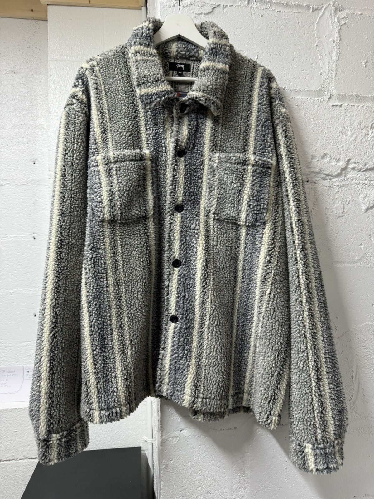 image of Stussy Fleece Button Up XL Gray White Black, Men's