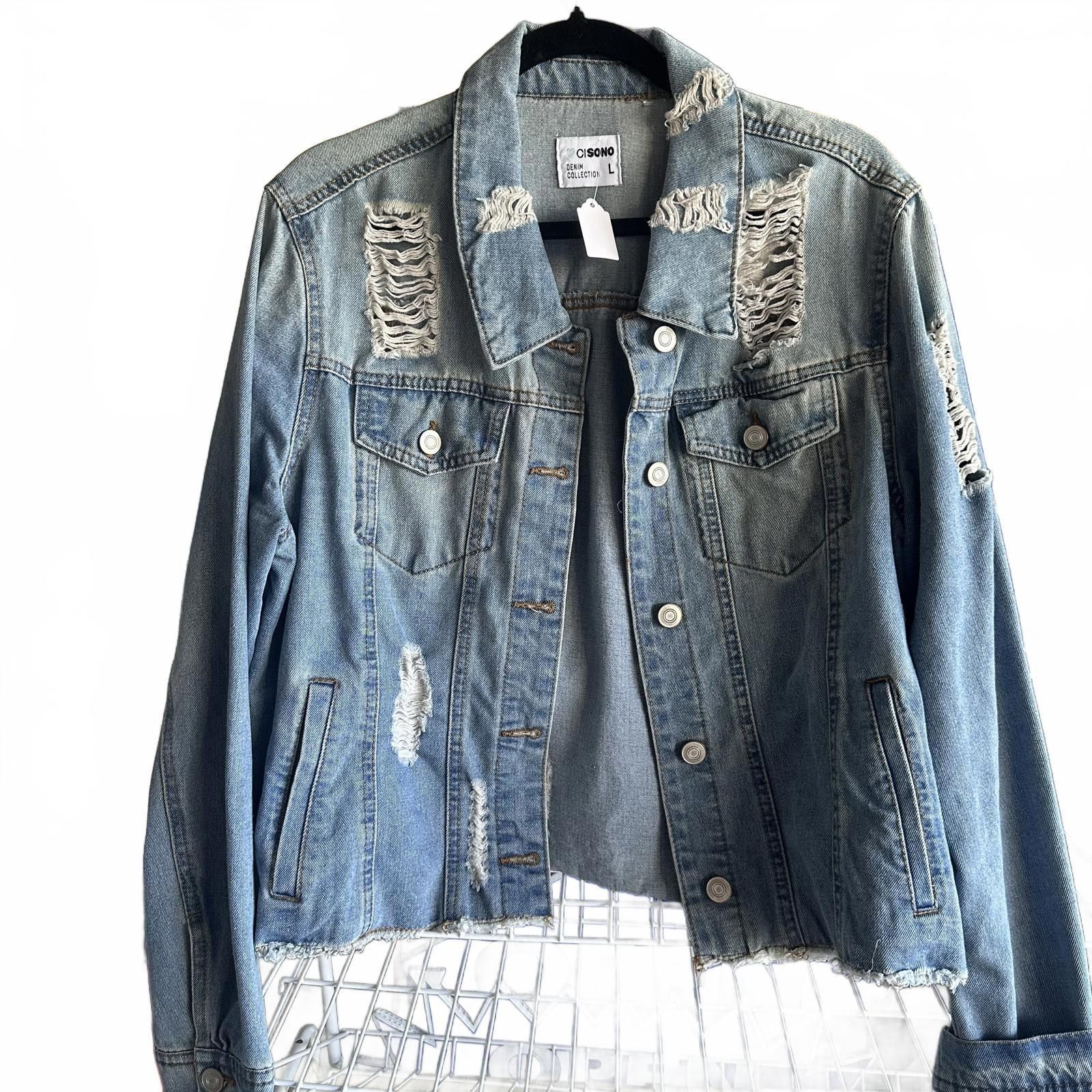 Designer Chic Denim Jacket with Pearl Detail - Distressed Style Size L / US 10 / IT 46 - 2 Thumbnail