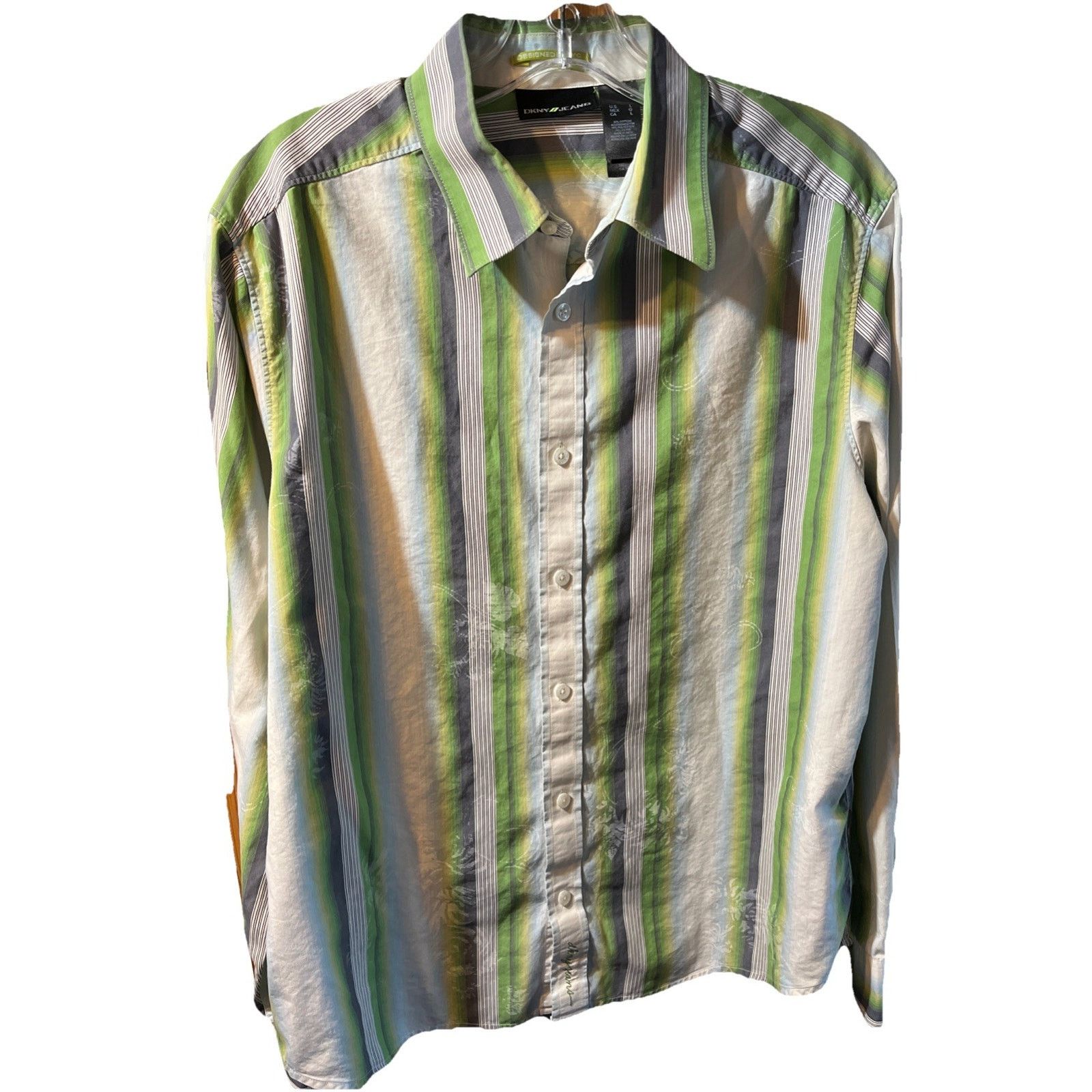 DKNY DKNY Jeans Shirt Mens Large Button Blue Green Striped Cotton Size US L / EU 52-54 / 3 - 1 Thumbnail