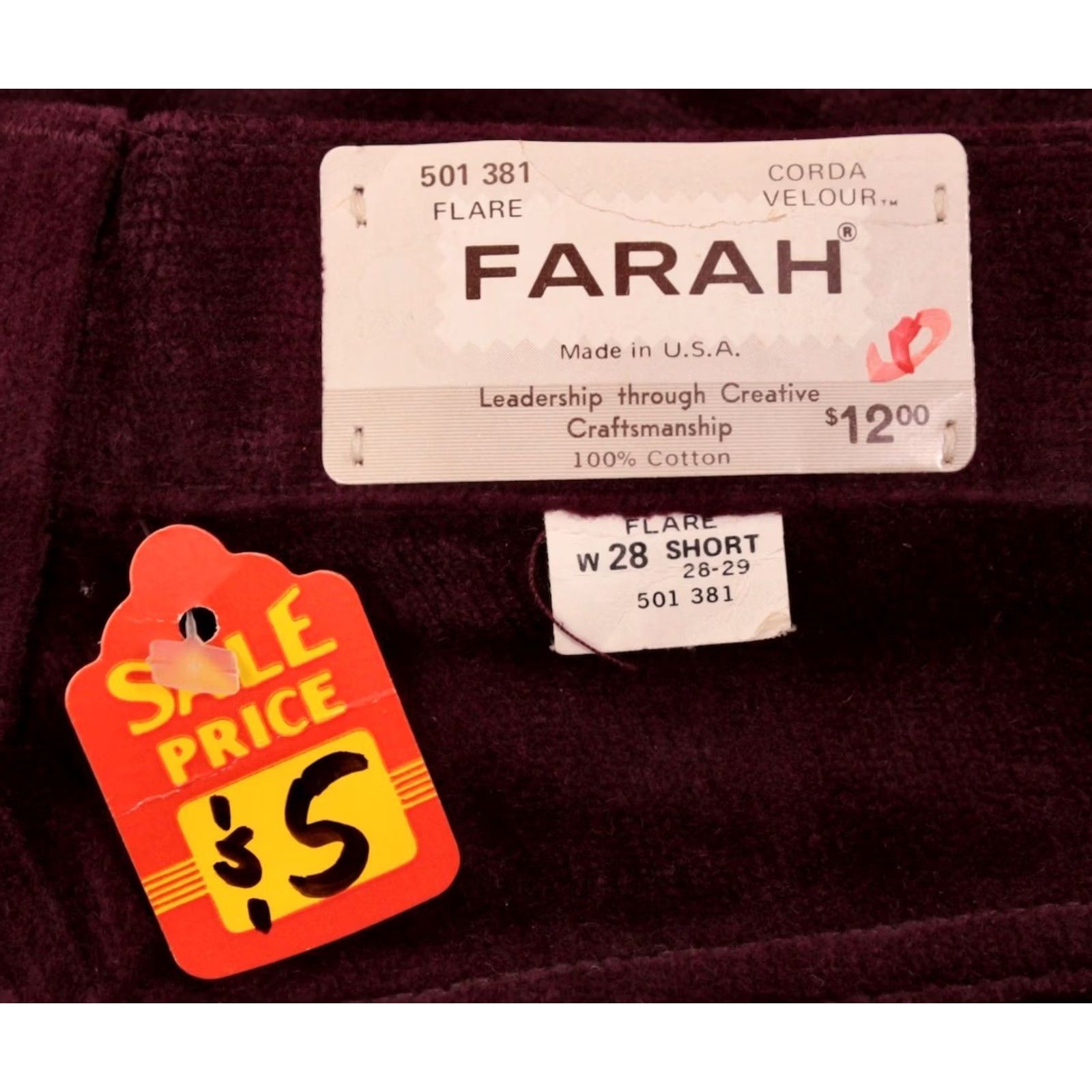 Farah VINTAGE Farah 60s Pants Flare Men’s VTG 1960s NOS Velvet Wine Burgundy 28 Short Hippy Jeans Shirt? Size US 28 / EU 44 - 5 Thumbnail