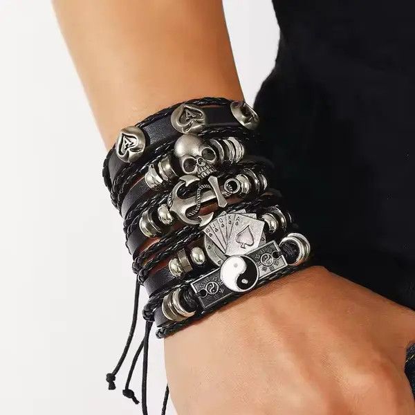 Leather Misaki x Iriki Black Skull Multi-layer PU Leather Bracelet Size ONE SIZE - 6 Thumbnail