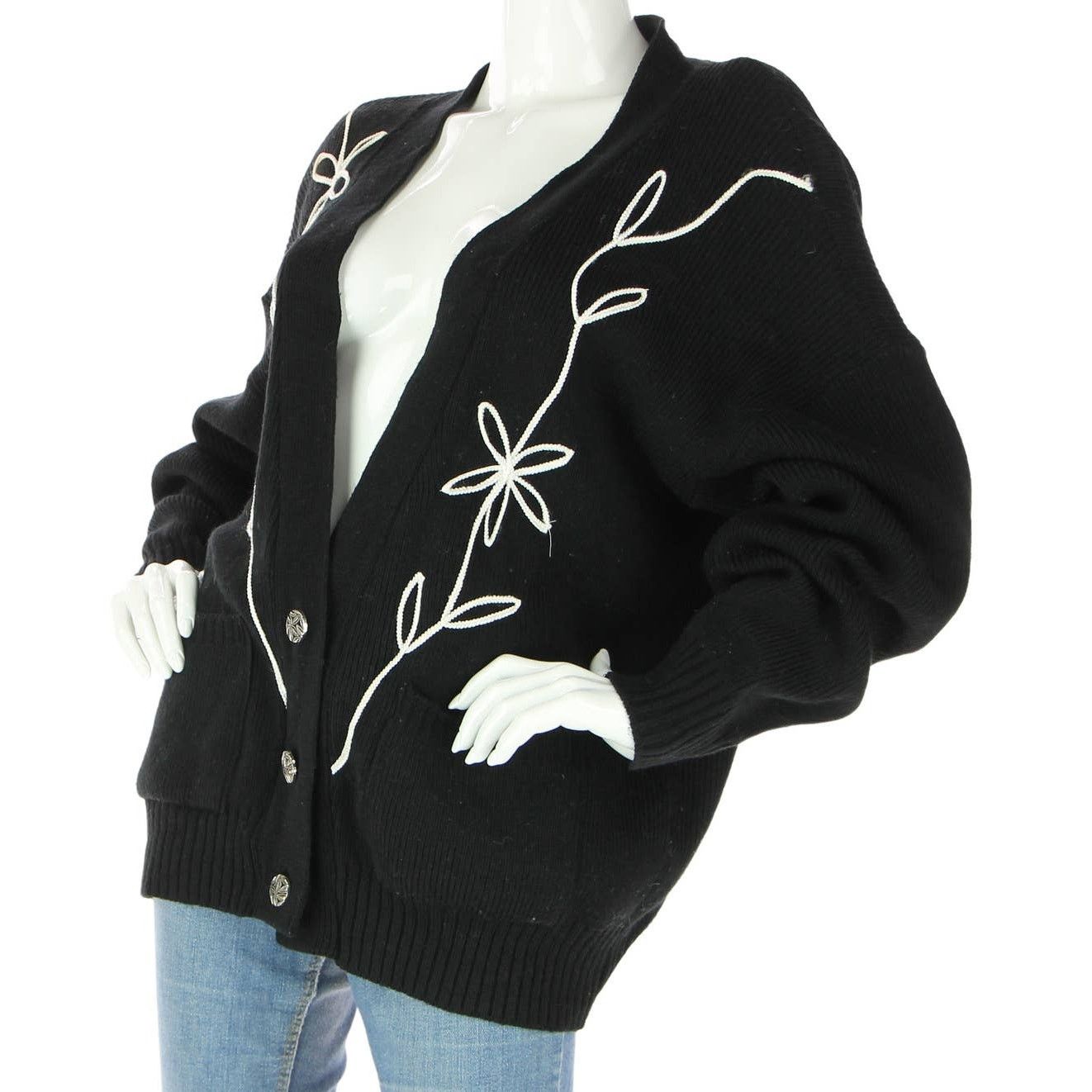Vintage 90s Black Knit Rose Embroidered Cardigan