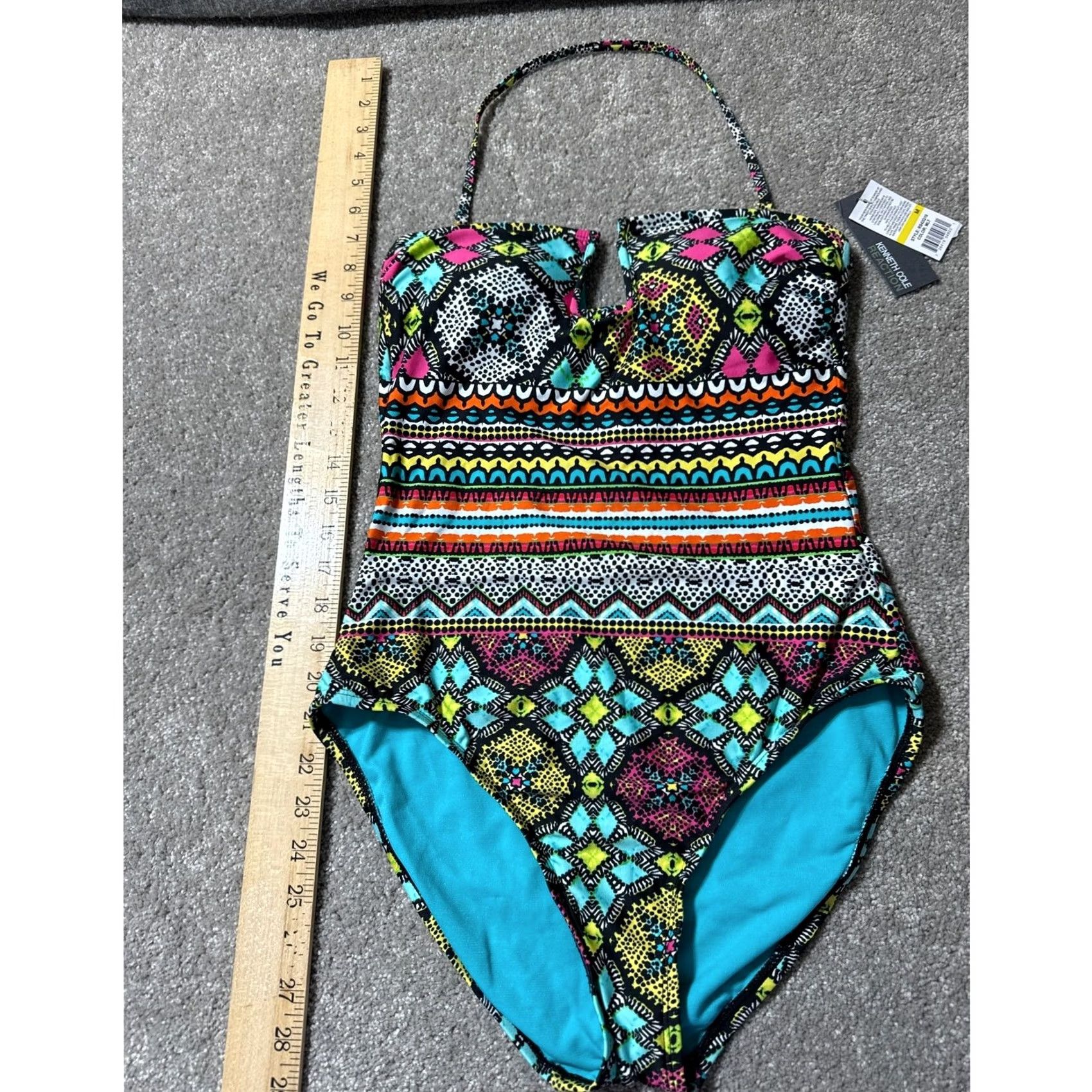 Kenneth Cole Kenneth Cole REACTION One Piece Swimsuit M Festival Boho Chic Indie Sleaze Beach Hallter Removable Pads Geometric Multicolor Women M Size ONE SIZE - 2 Thumbnail