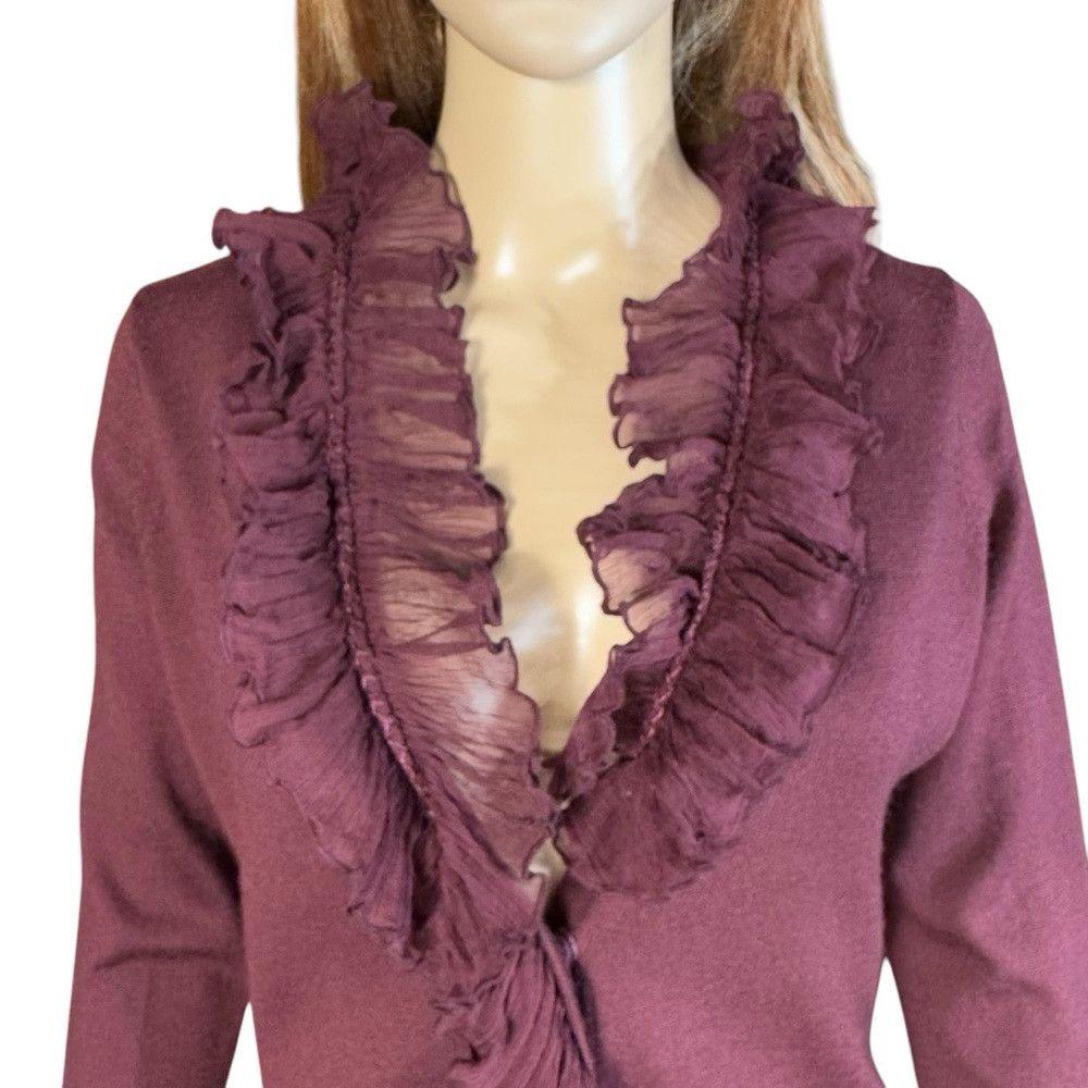 Elie Tahari Tahari Wool Silk Ruffle Burgundy Cardigan Size S Size S / US 4 / IT 40 - 2 Thumbnail