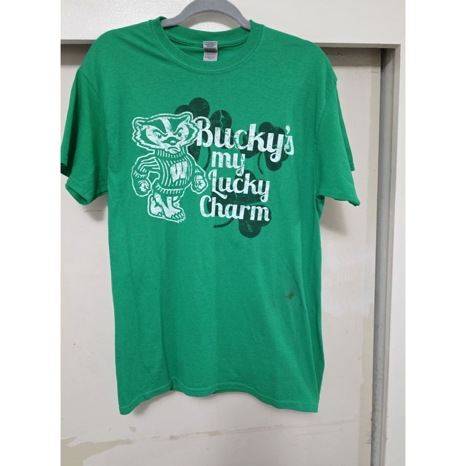 Gildan VINTAGE Wisconsin Badgers Bucky's My Lucky Charm Mascot Irish Green Short Sleeve T-Shirt Mens Medium Size US M / EU 48-50 / 2 - 4 Thumbnail