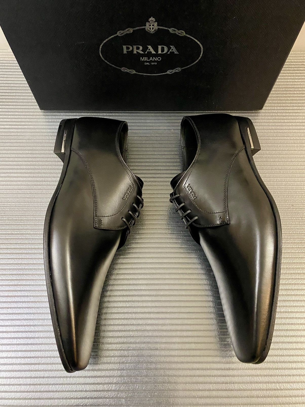 Prada Prada 🇮🇹 Nero calfskin logo ornamented stack heel derby 9 NEW Size US 9 / EU 42 - 6 Thumbnail