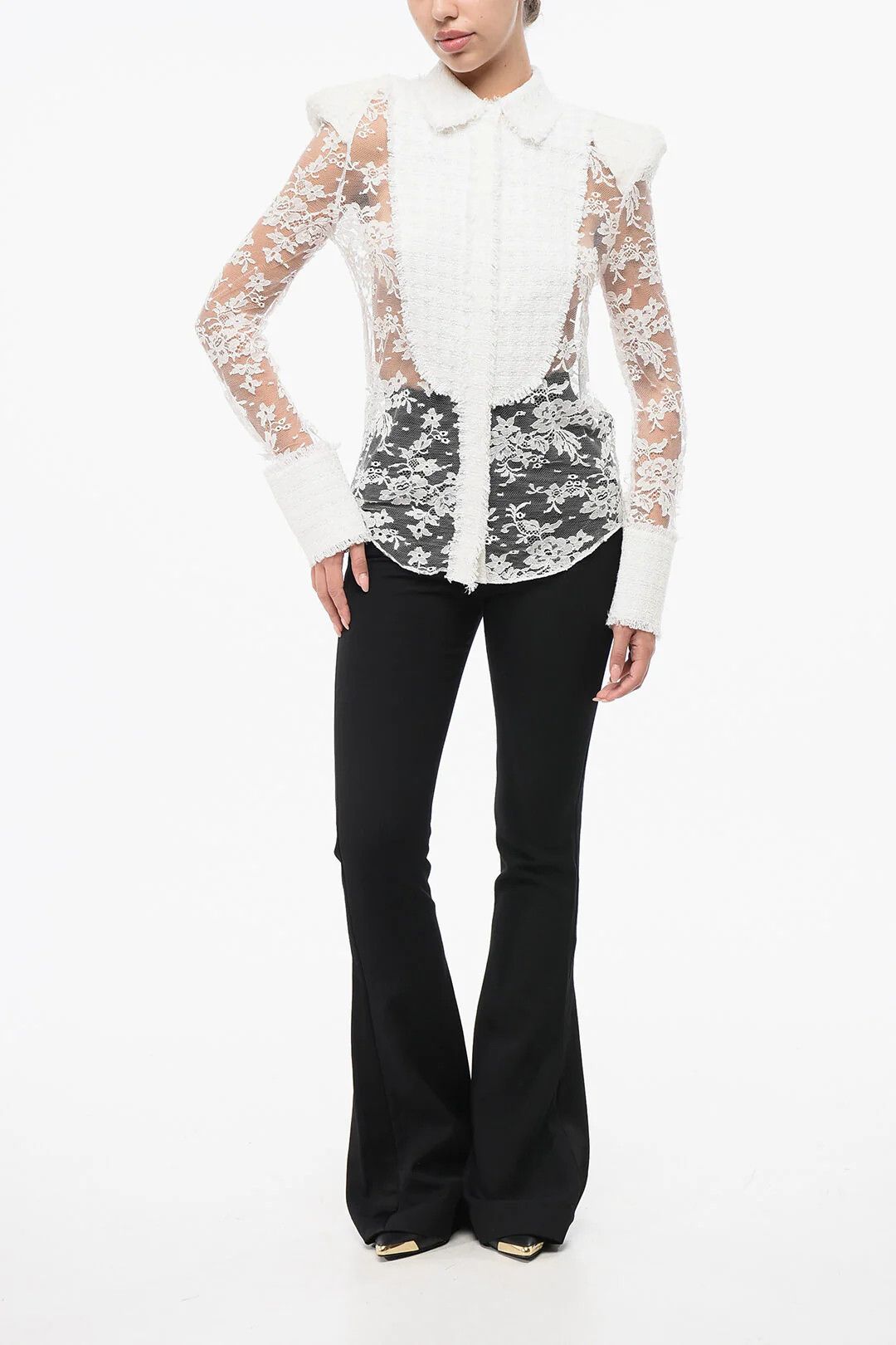 Balmain og1mm0326 Padded Shoulder Straps Lace Blouse in White Size S / US 4 / IT 40 - 4 Thumbnail