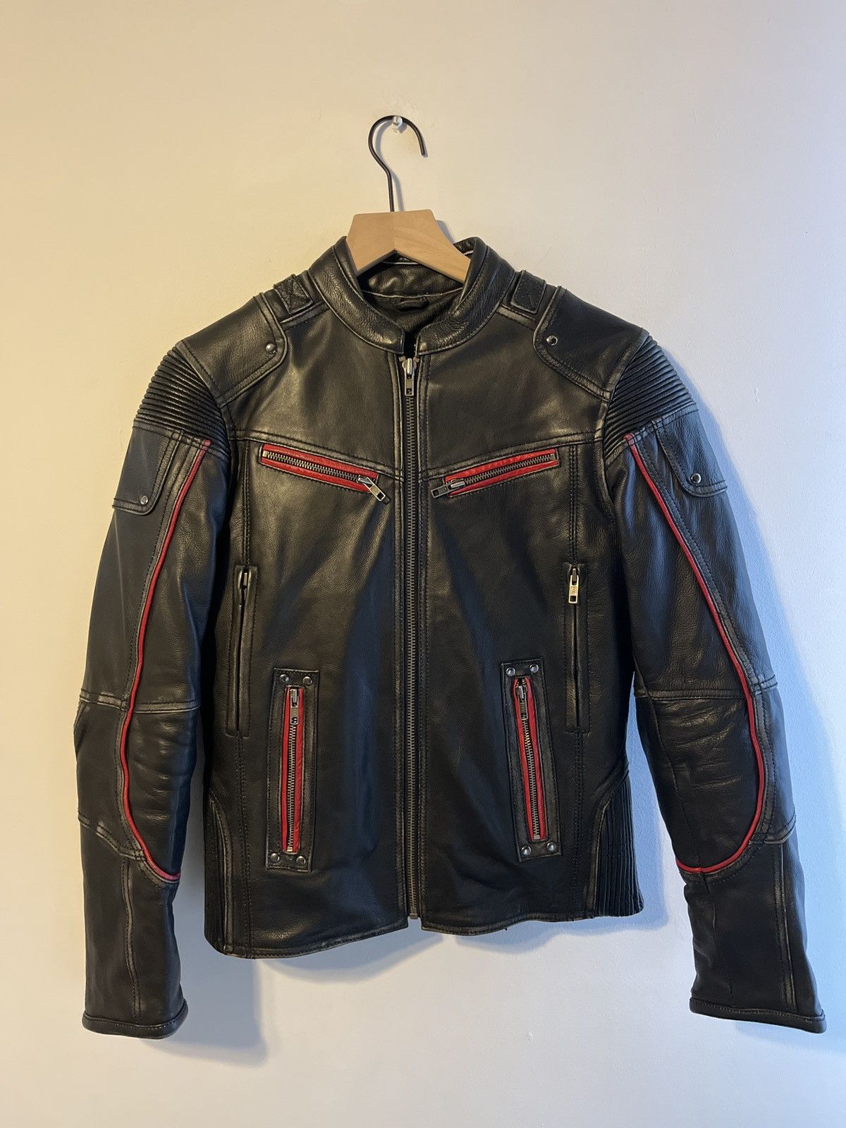 Image of Genuine Leather x Leather Jacket Vintage Red/black Biker Moto Jacket, Men's (Size XS)