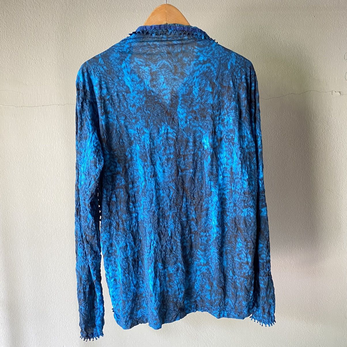 Issey Miyake Haat Blue Crinkle Textured Shirt/Ruffled High Neck Blouse Size XS / US 0-2 / IT 36-38 - 2 Thumbnail