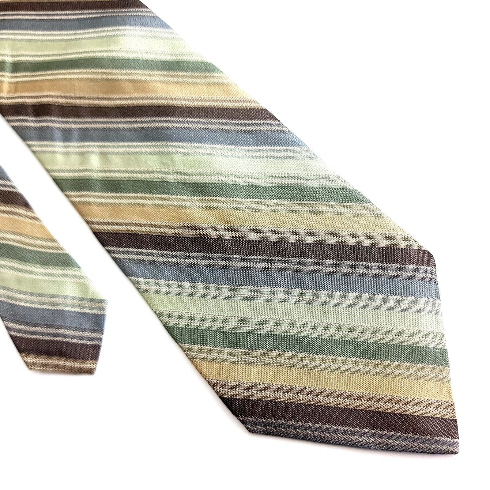 Calvin Klein Calvin Klein Green Tan Multi-Colored Woven Striped Silk Tie Size ONE SIZE - 1 Thumbnail