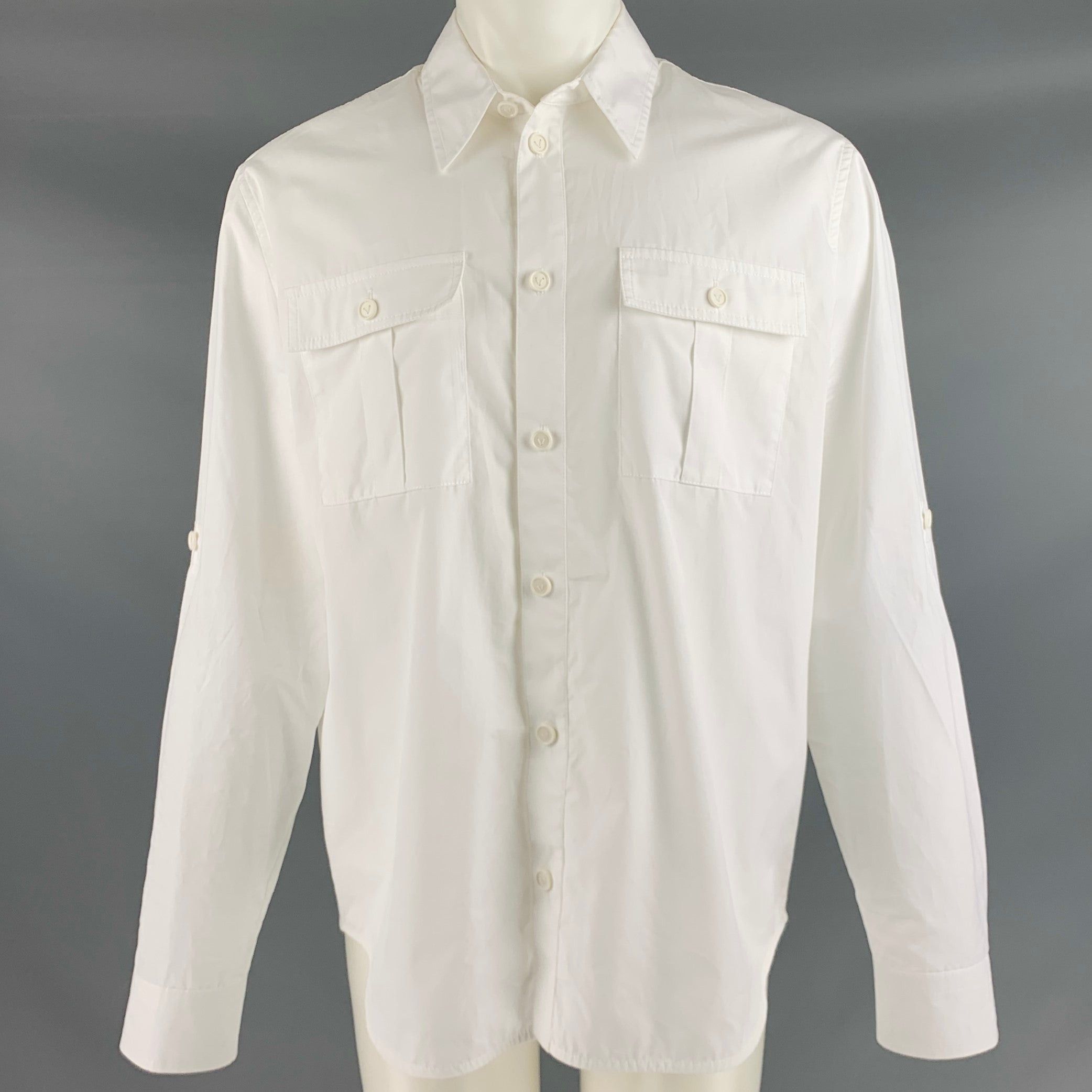 image of Bottega Veneta White Cotton Button Up Roll Tab Long Sleeve Shirt, Men's (Size Medium)