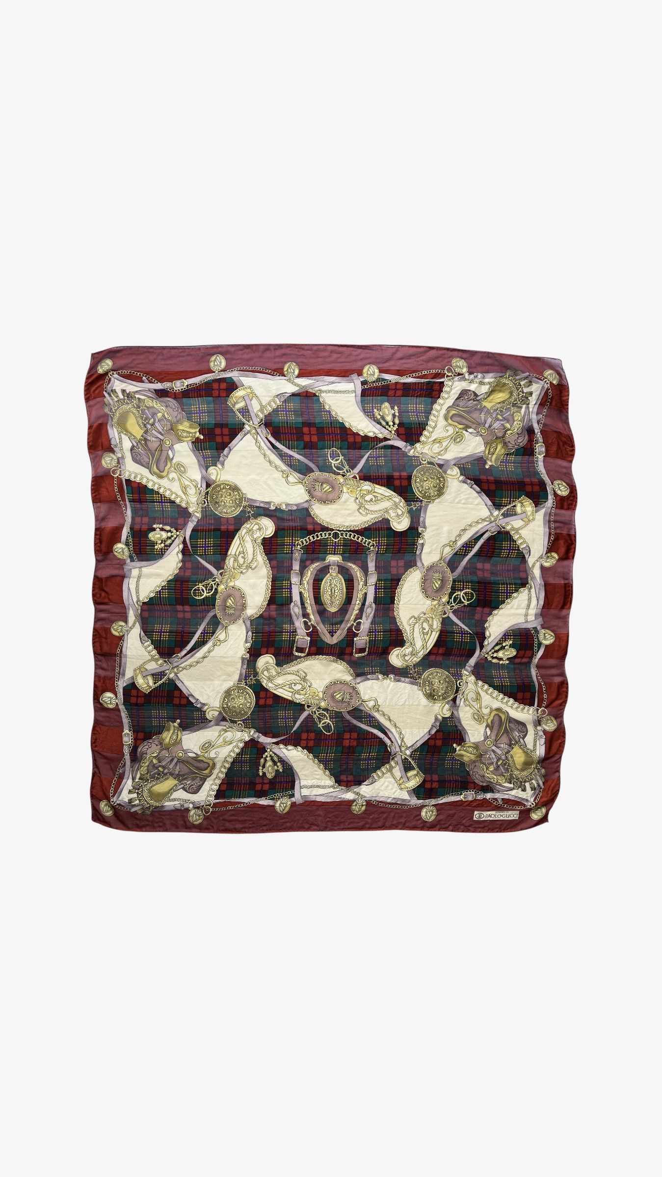 Paolo Gucci Vintage 80s Paolo Gucci Equestrian & Tartan Print Silk Scarf Size ONE SIZE - 1 Thumbnail