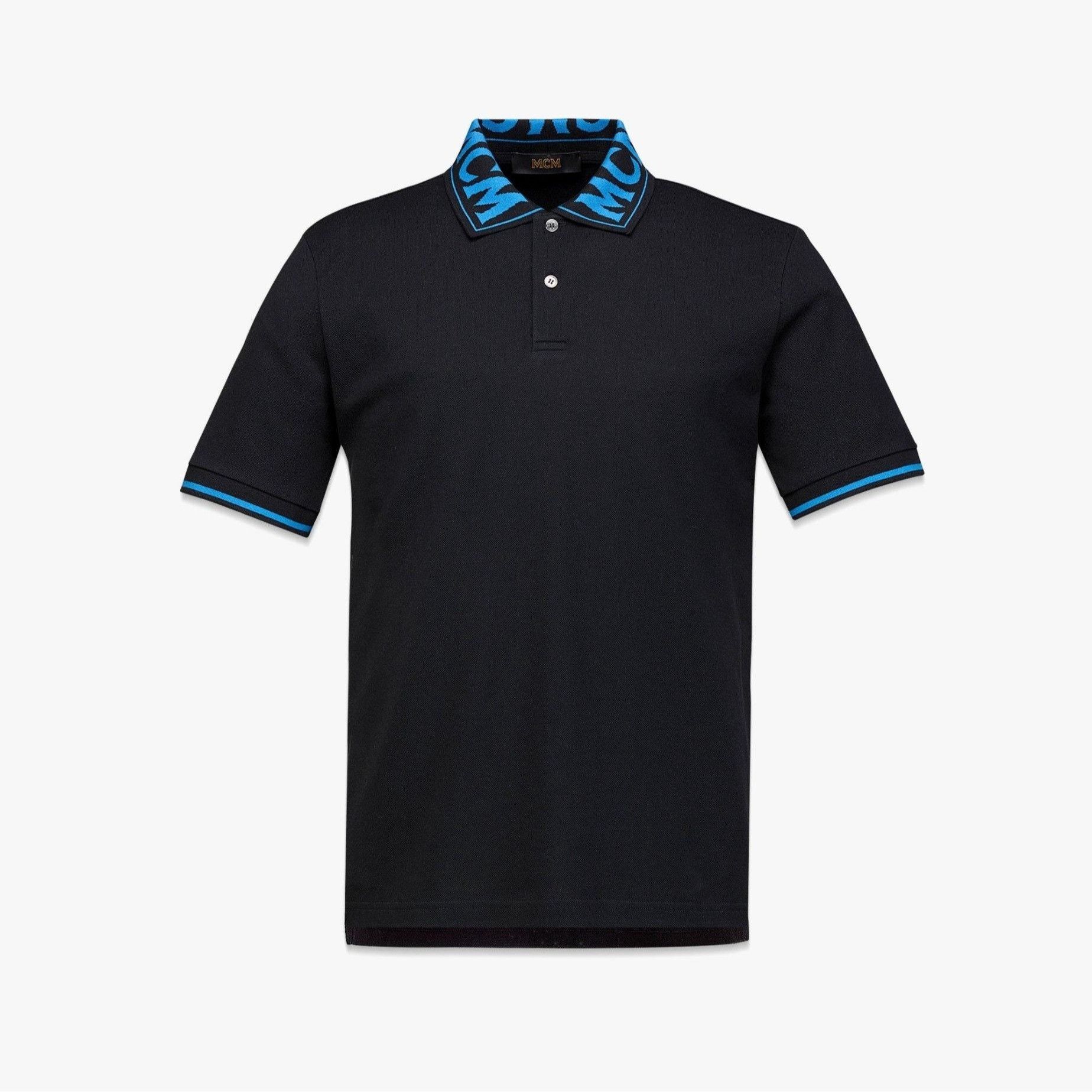 image of MCM Mens Logo Vallarta Blue Cotton Polo Shirt M in Black/Blue (Size Medium)