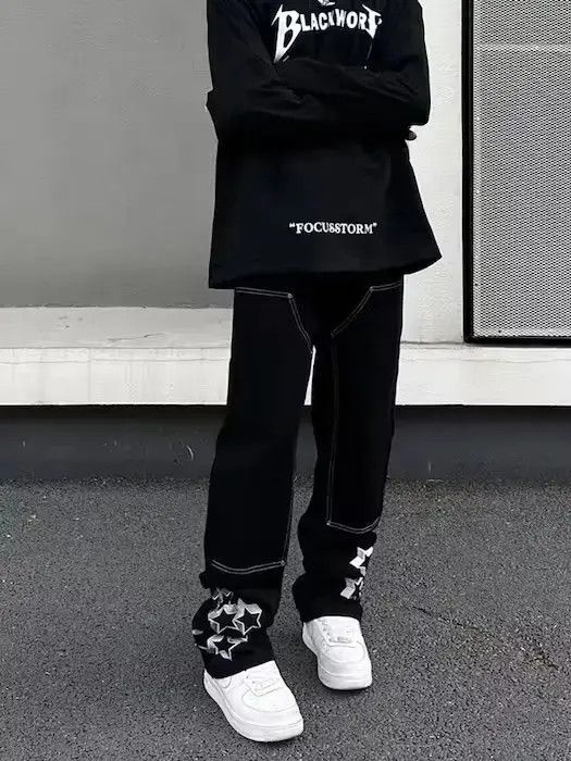 Japanese Brand Stars Graphic Black Baggy Denim Jeans Size US 32 / EU 48 - 2 Thumbnail