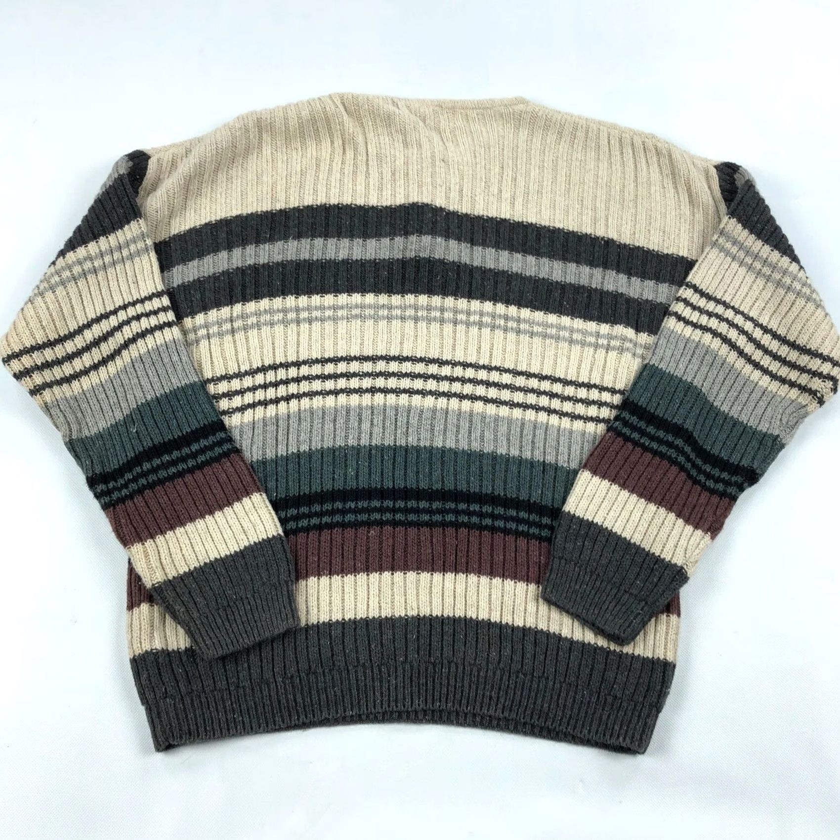 Vintage VINTAGE Michael Gerald Men's L Striped Ribbed Henley Sweater Beige Gray Burgundy Pullover Button-Up Knit Ramie Cotton Classic Outdoor Fall Winter Size US L / EU 52-54 / 3 - 5 Thumbnail