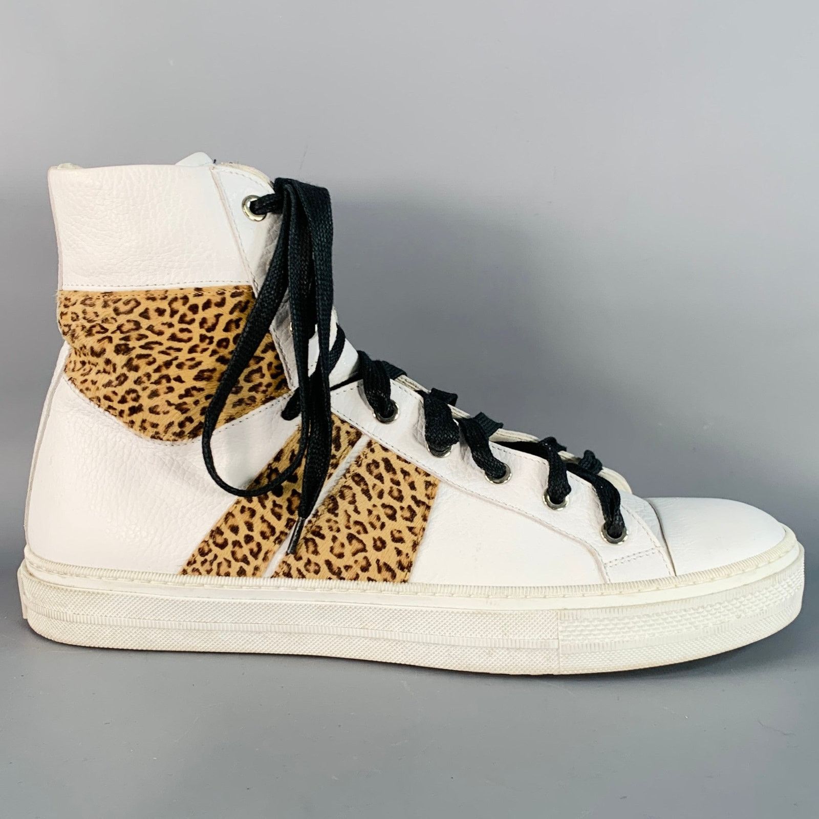Amiri White Brown Animal Print Faux Fur Leather High Top Sneakers Size US 11 / EU 44 - 2 Thumbnail